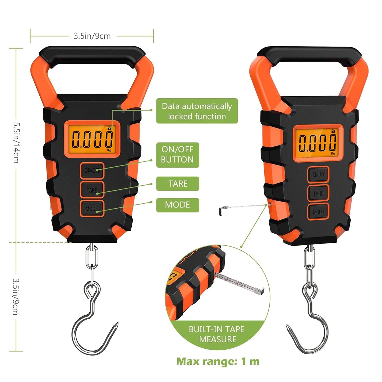 KeeKit Digital Fishing Scale with Ruler, 110lb/50kg Electronic Digital Luggage Scale, Waterproof Fishing Postal Hanging Hook Scale with Measuring Tape, Backlit LCD Display
