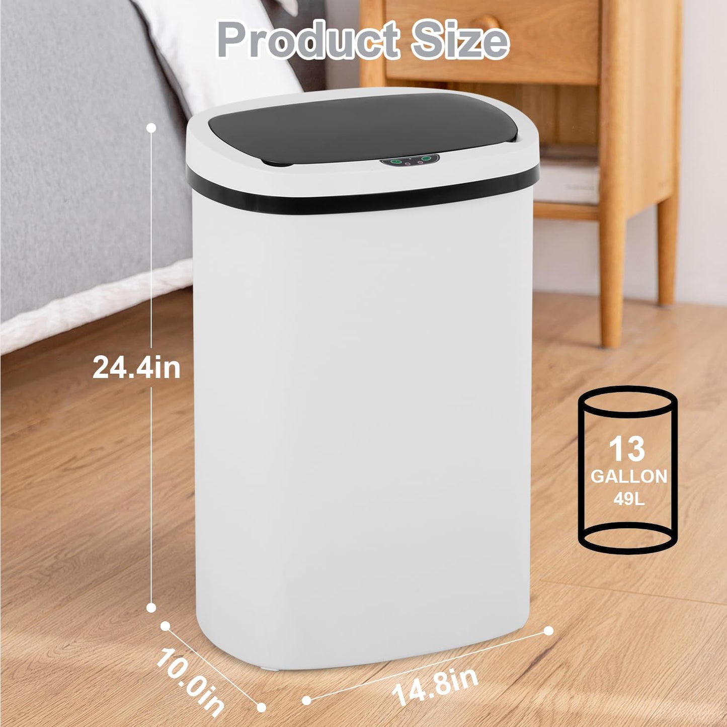 13 Gallon 50 Liter Garbage Can Kitchen Trash Can with Lid Automatic Sensor Touch Free Stainless Steel Waste Bin for Bathroom Bedroom Home Office,Black