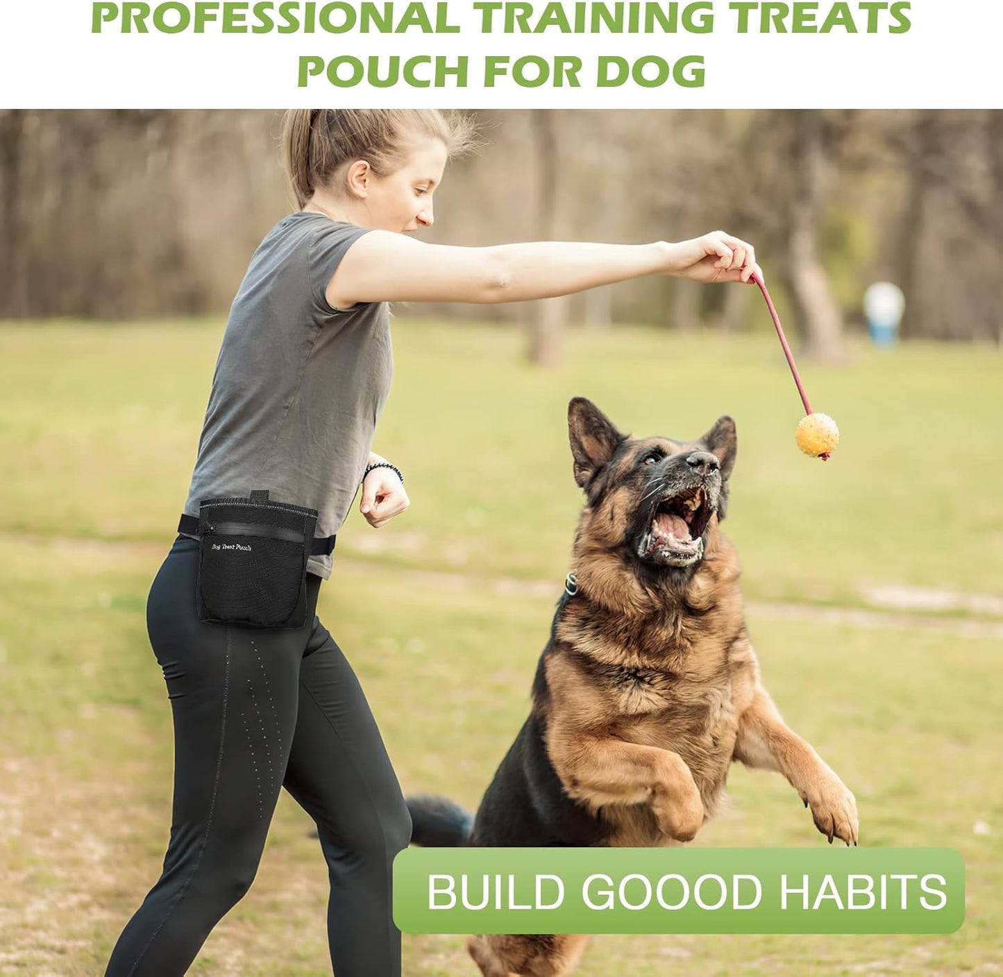 KeeKit Dog Treat Pouch, Magnetic Closure Pet Training Bag with Pull-up Inner Pocket, Dog Reward Pocket Including Waist Belt for Dog Walkers - Black