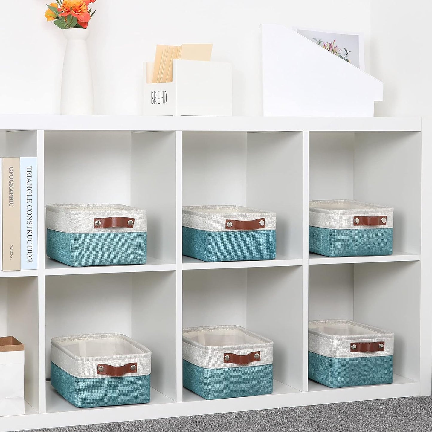 DULLEMELO Storage Baskets for Shelves, Fabric Collapsible Rectangular Storage Bins for Shelves, Closets, Nursery, Home, Office, Empty Gift Baskets (White&Teal)