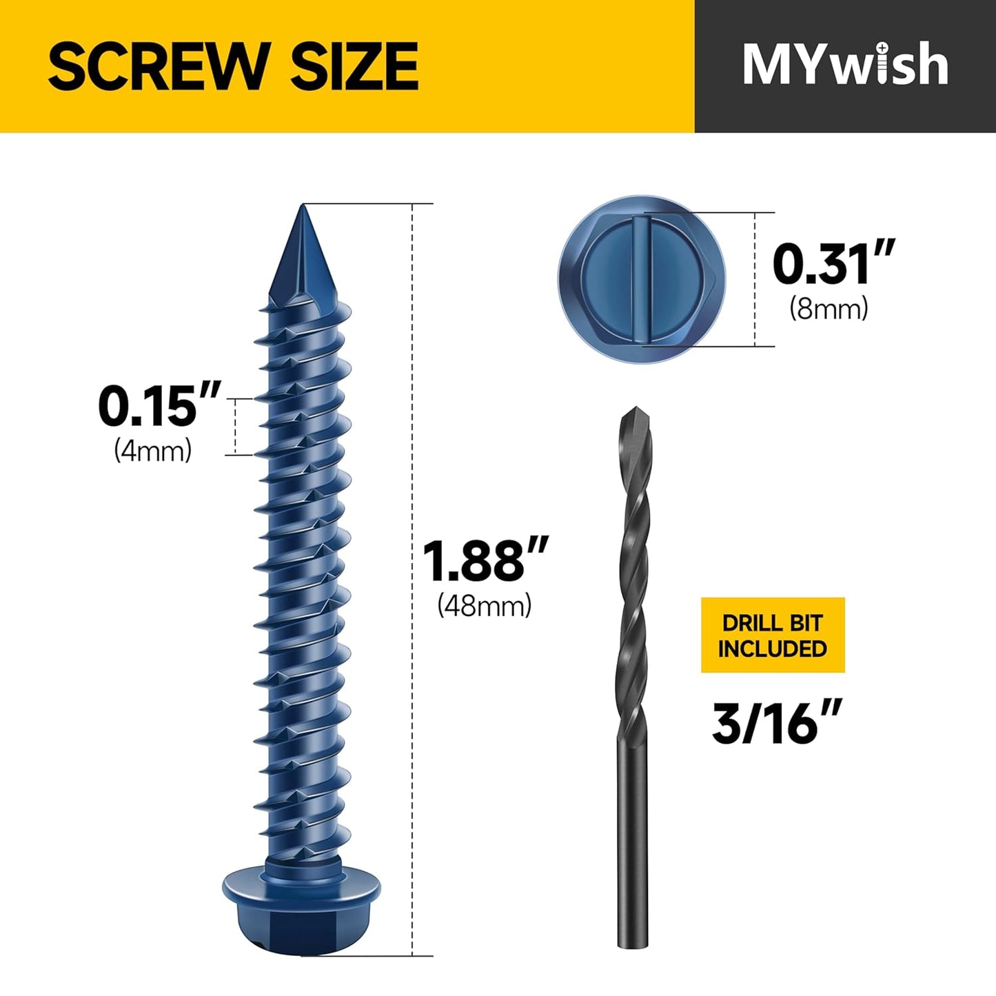 Mywish 30Pcs 1/4 x 1-3/4" Concrete Screws, Slotted Hex Washer Head Stucco Screws Anchor Kit with 3/16 Drill Bit, Masonry Screws Self Tapping for Anchoring to Masonry, Block or Brick Stucco