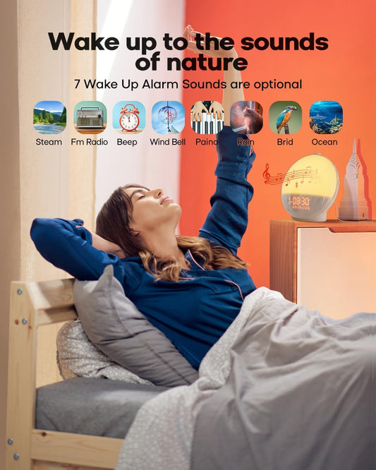 Sunrise Alarm Clock for Heavy Sleepers, Wake Up Light with Sunrise/Sunset Simulation, Dual Alarms & Natural Sounds, Snooze & Sleep Aid, FM Radio, 7 Colors Night Light for Bedroom, Ideal for Gift - PuriLite