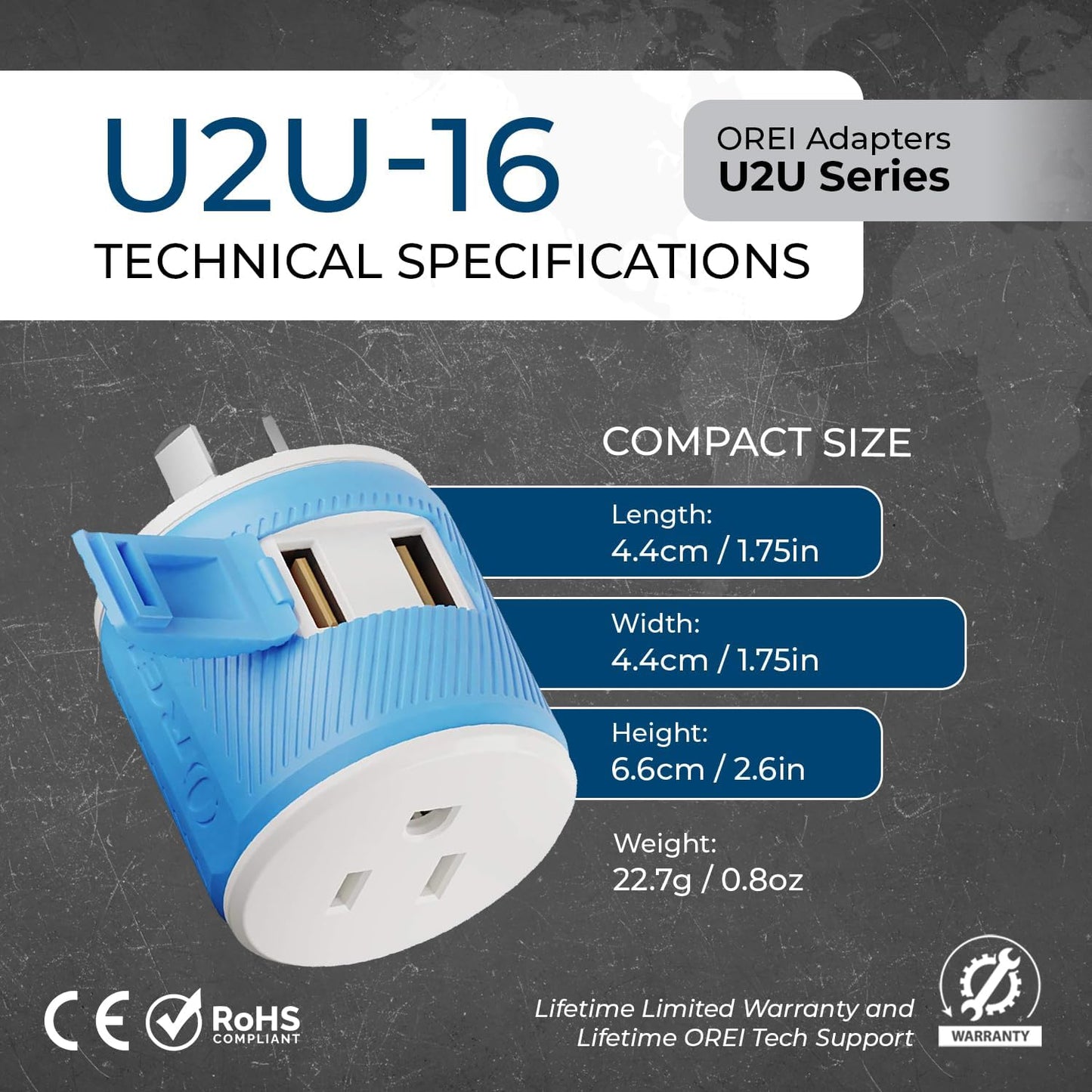 OREI South Africa, Botswana, Namibia Travel Plug Adapter with Dual USB - USA Input - Type M (U2U-10L), Will work with Cell Phones, Camera, Laptop, Tablets, iPad, iPhone