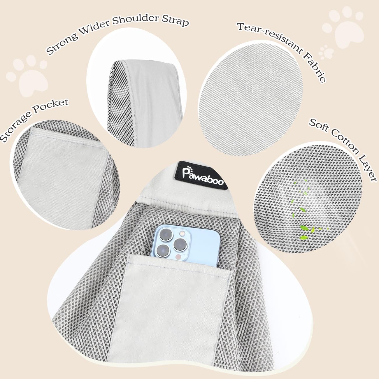 Pawaboo Small Dog Sling Carrier, Reversible Hands Free Dog Sling Carrier for Small Dogs and Cats, Puppy Sling Carrier with Adjustable Strap Buckle & Safety Harness, Puppy Essentials, Grey