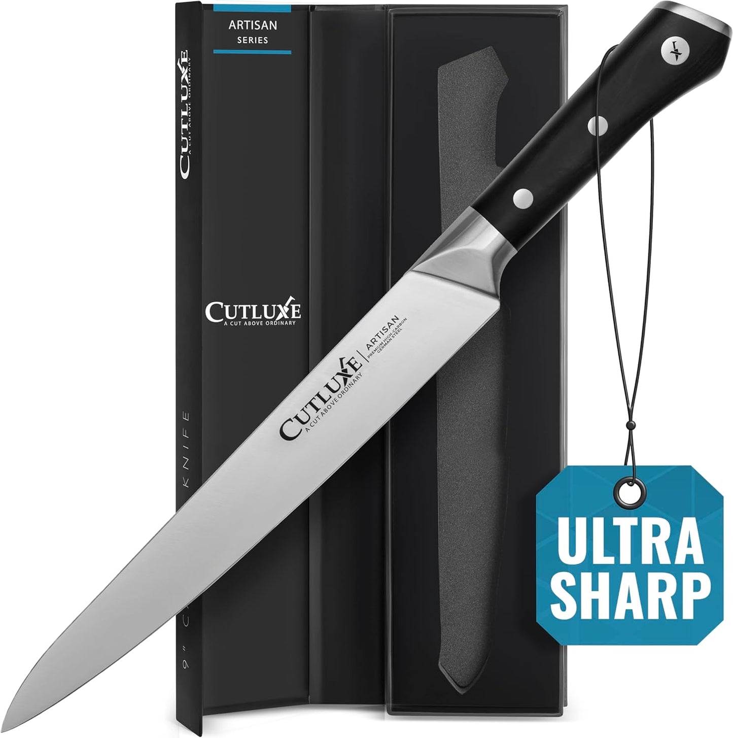 Cutluxe Butcher Knife – 10″ Cimeter Breaking Knife, Razor Sharp Forged High Carbon German Steel, Full Tang Carving Knife, Ergonomic Handle Design – Artisan Series - PuriLite