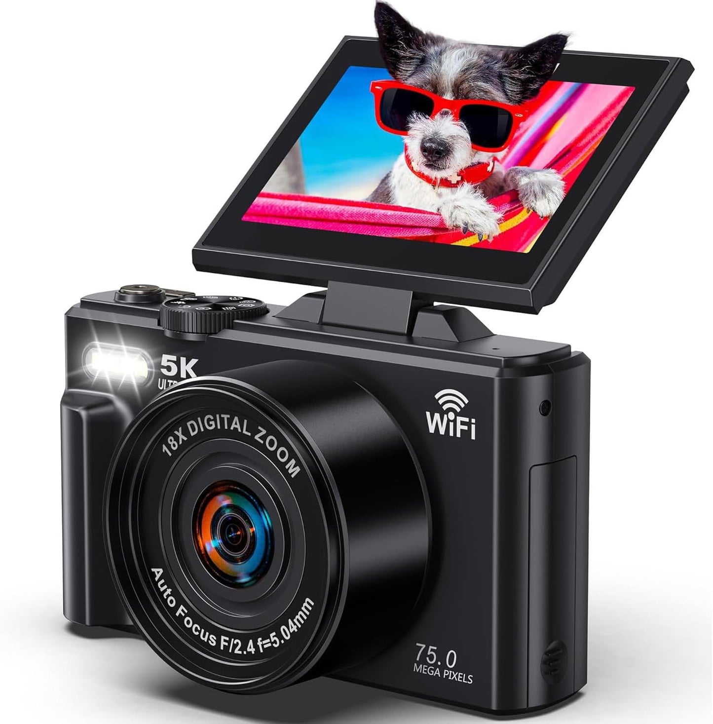 5K Digital Camera for Photography - WiFi 75MP UHD Vlogging Camera for YouTube - Autofocus Video Cameras with 3" 180° Flip Screen - Compact Vlog Travel Camara with 18X Zoom, 32GB SD Card, 2 Batteries