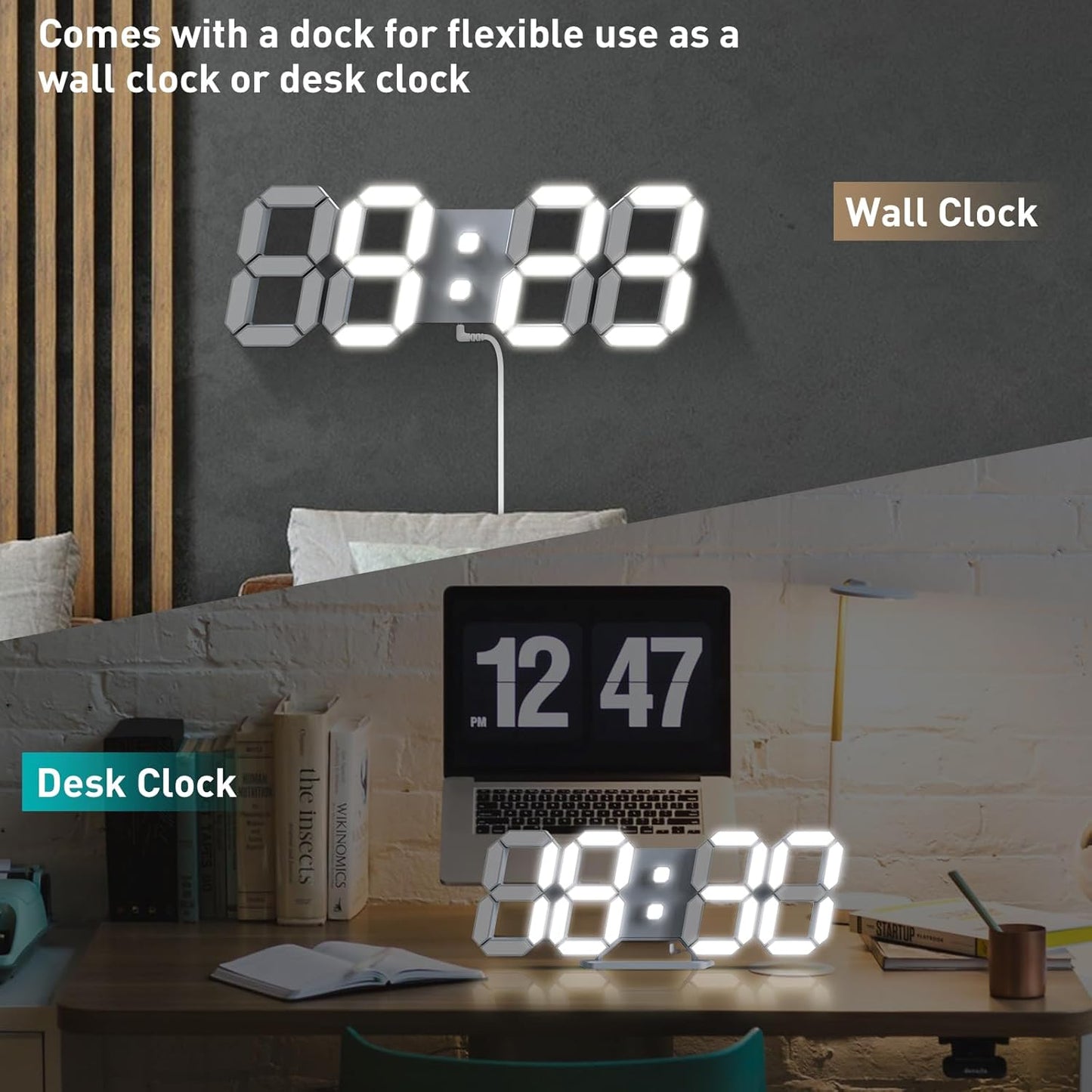 EDUP HOME 3D LED Wall Clock Desk Alarm Clock 7 Colors 9.7" with Remote Control, Digital Alarm Clock Adjustable Brightness Timer 12/24 Hr Time/Date/Temperature for Kid Bedroom/Kitchen/Office
