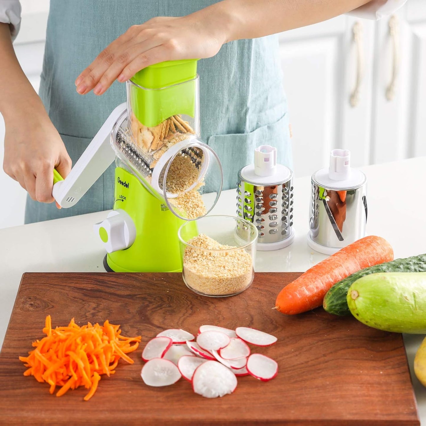 Geedel Kitchen Cheese Grater, Rotary Mandoline Vegetable Slicer with Interchangeable Blades, Easy to Use Rotary Grater Slicer for Fruit, Vegetables, Nuts