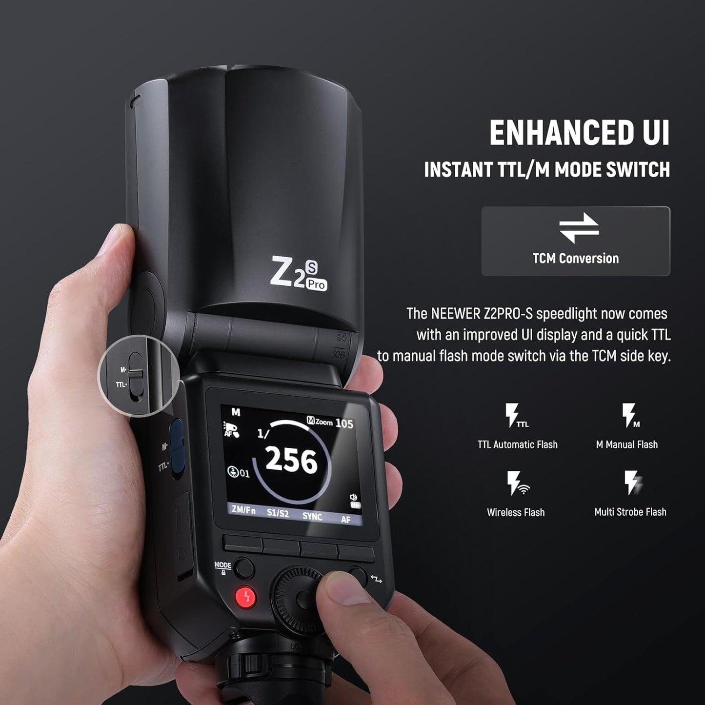NEEWER Z2PRO-S 2.4G TTL Round Head Flash Speedlite Compatible with Sony, Wireless Compatible with Godox, 76Ws 1/8000s HSS, Upgraded UI, TTL/M TCM Switch, 7.2V/3000mAh Battery, 600 Full Power Flash