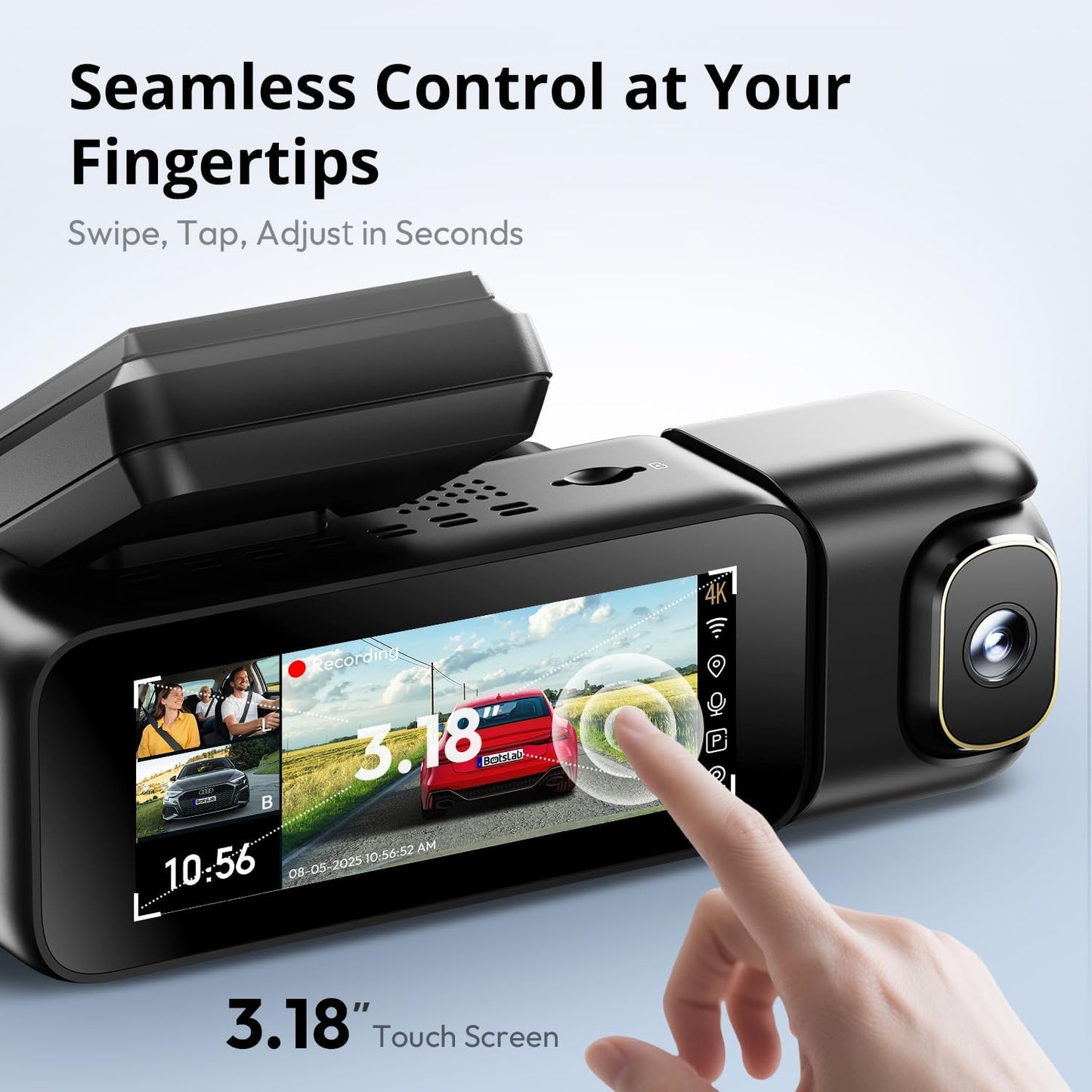 BOTSLAB 3 Channel 4K Dashcam with 128GB Card, Voice Command, 3.18 inch Touch Screen, 4K Front and 1080P Rear Inside Loop Recording, Triple Car Camera with IR Night Vision, WDR, Parking Mode