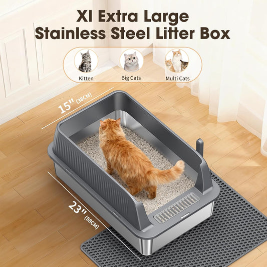 XL Stainless Steel Cat Litter Box | Extra Large Metal Litter Tray with High Sides