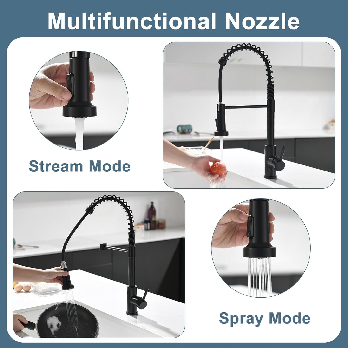 GIMILI Matte Black Kitchen Faucet with LED Light,Single Hole Spring Kitchen Sink Faucet with Pull Down Sprayer