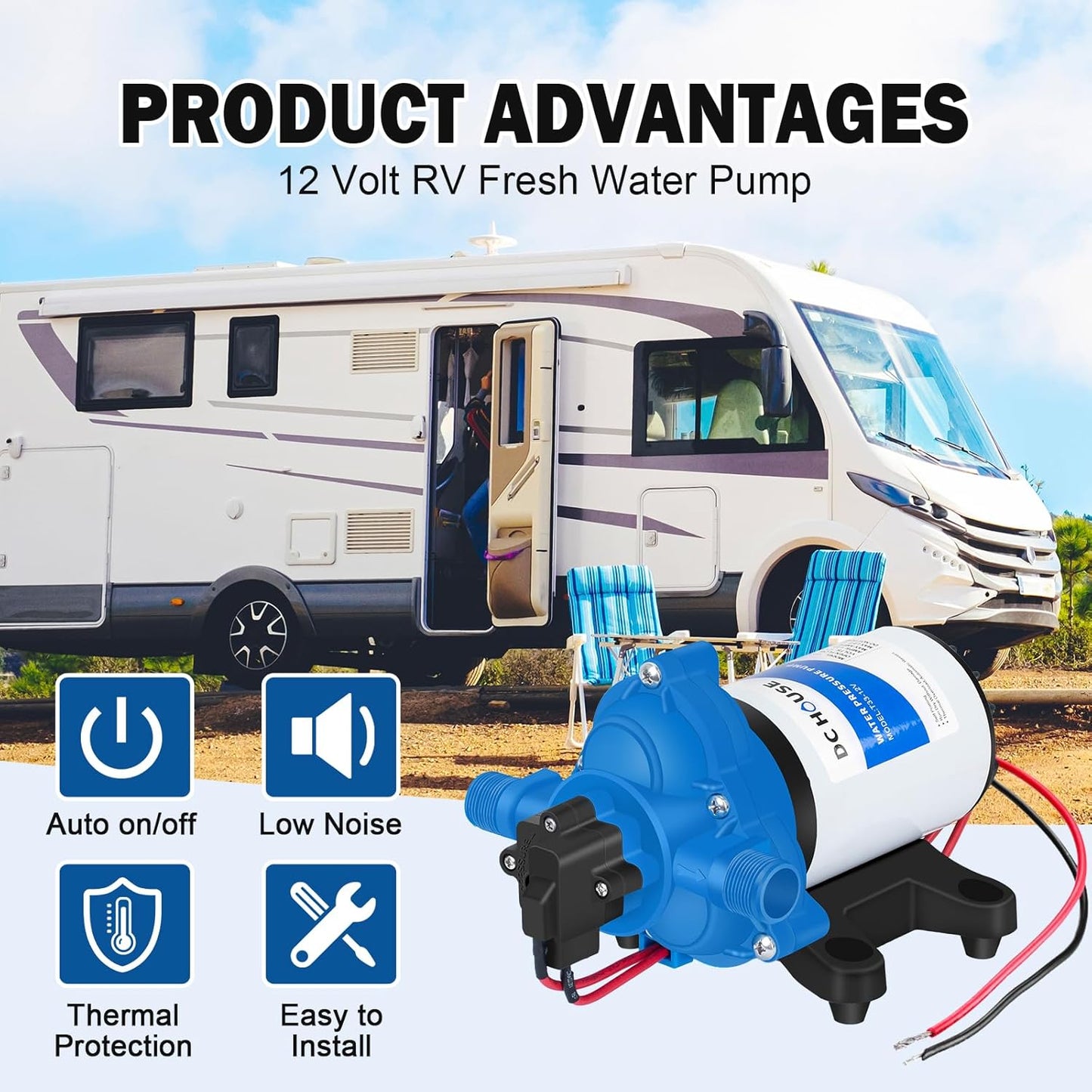 DC HOUSE 12V RV Fresh Water Pump 3.0GPM 45 PSI 12Volt DC Water Pressure Diaphragm Pump On Demand for Camper Trailer Off-Grid Cottage Yacht House
