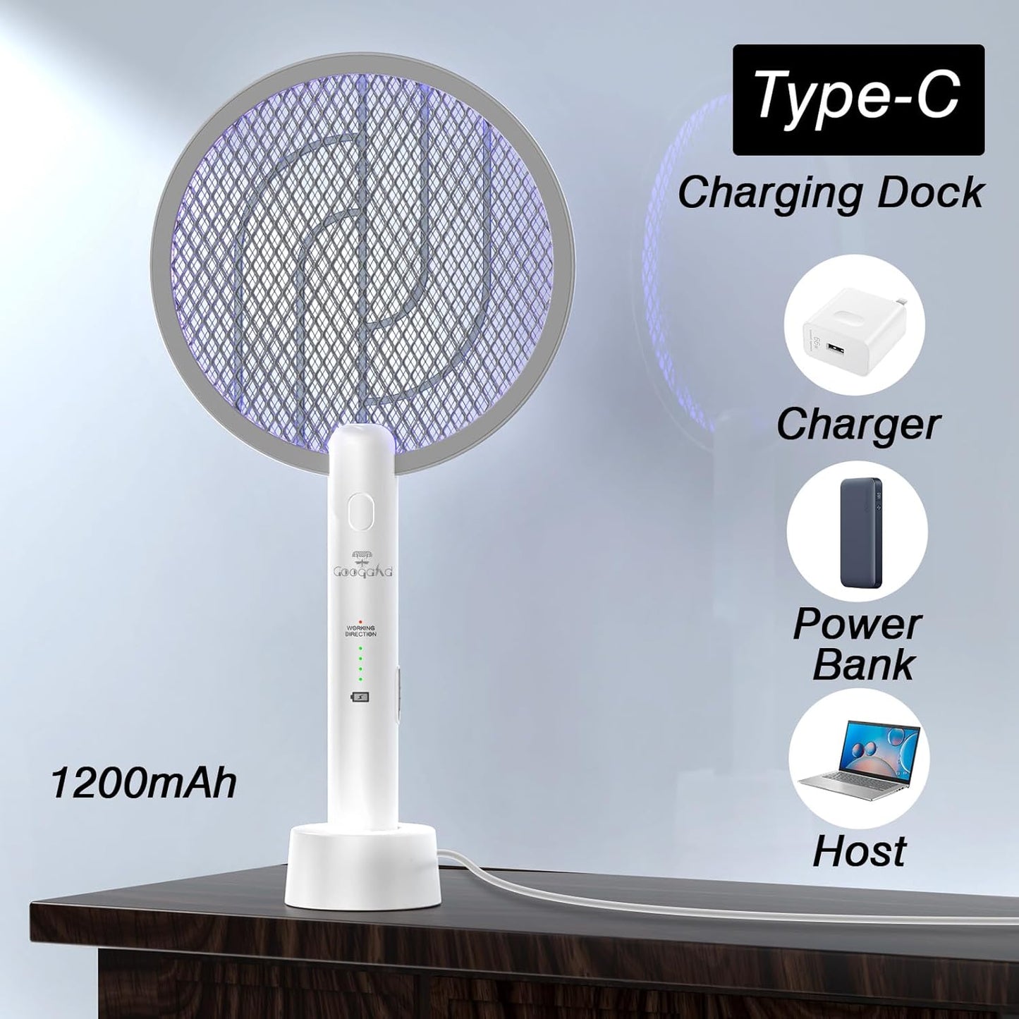 Gooqand Bug Zapper Racket, 2 in 1 Electric Fly Swatte with 3 Layer Safety Mesh, 4000V Fly Zapper with USB Rechargeable, Indoor Outdoor Fly Racket for Bedroom, Kitchen, Camping