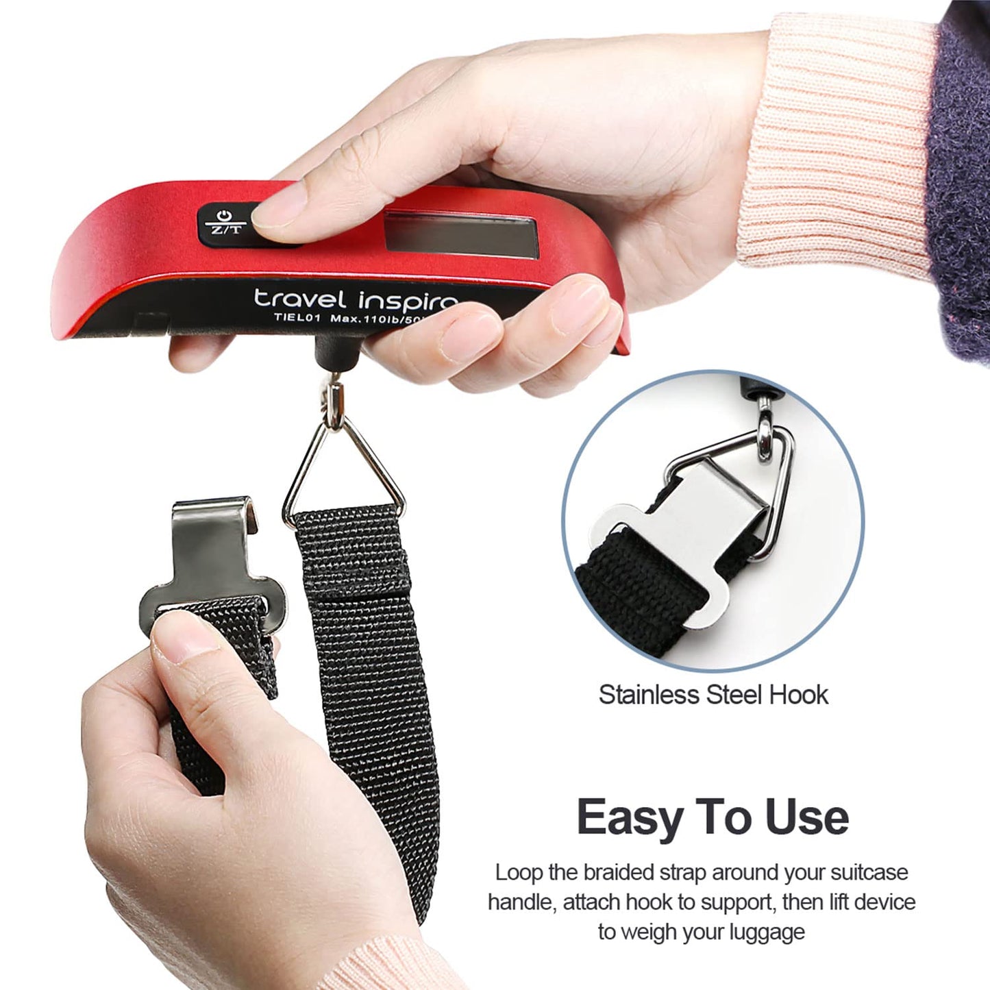 travel inspira Luggage Scale, Portable Digital Hanging Baggage Scale for Travel, Suitcase Weight Scale with Rubber Paint, 110 Pounds, Battery Included - Blue