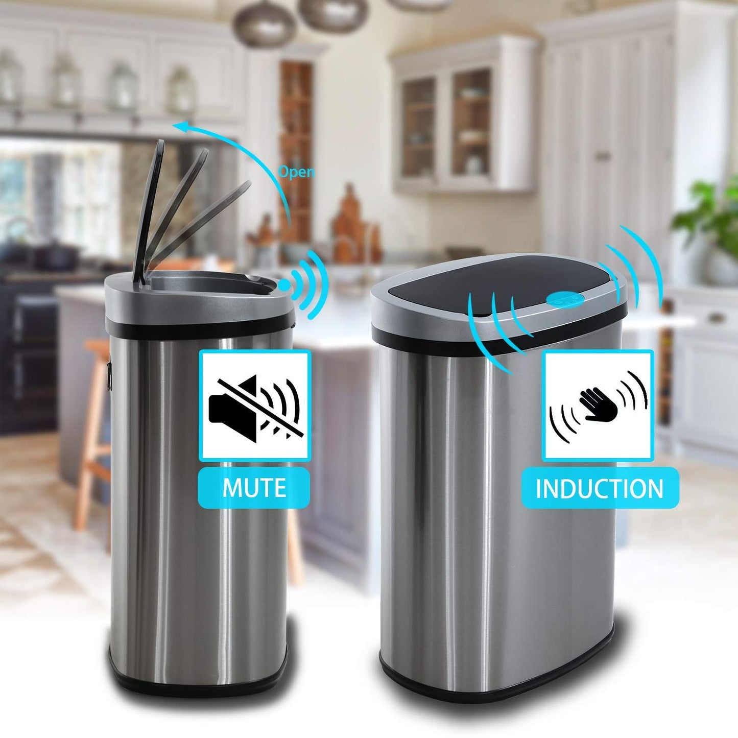 13 Gallon Sensor Garbage Can Stainless Steel Kitchen Garbage Can with Lid Antomatic Garbage can for Kitchen Office Bedroom Bathroom Living Room,Black