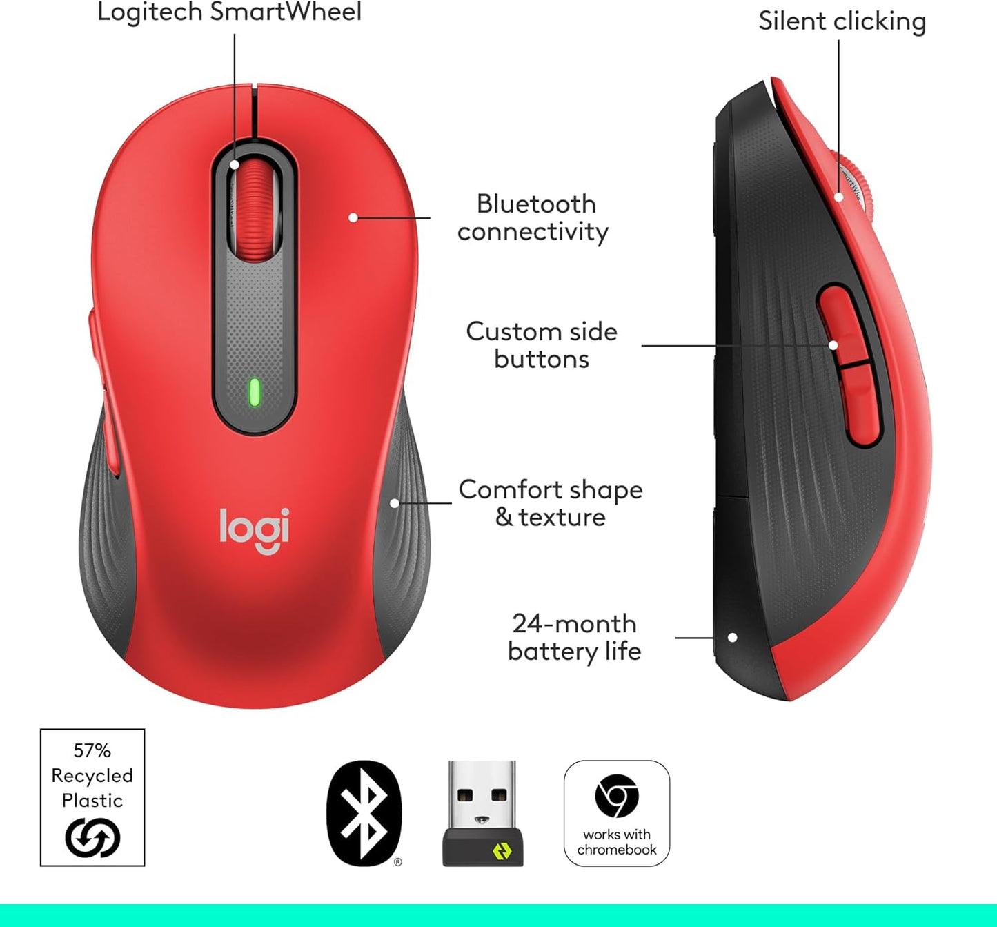 Logitech Signature M650 L Full Size Wireless Mouse - For Large Sized Hands, 2-Year Battery, Silent Clicks, Customizable Side Buttons, Bluetooth, for PC/Mac/Multi-Device/Chromebook - Black