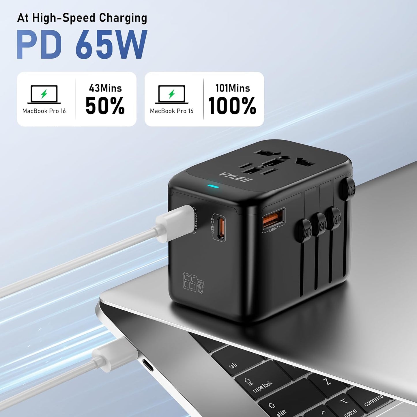 VYLEE Universal Travel Adapter, 65W Fast GaN International Power Adapter, 3PD USB-C+1QC USB-A European Travel Plug Adapter, US, UK, EU, AU Worldwide Travel Charger for Laptops, Tablets, Phones
