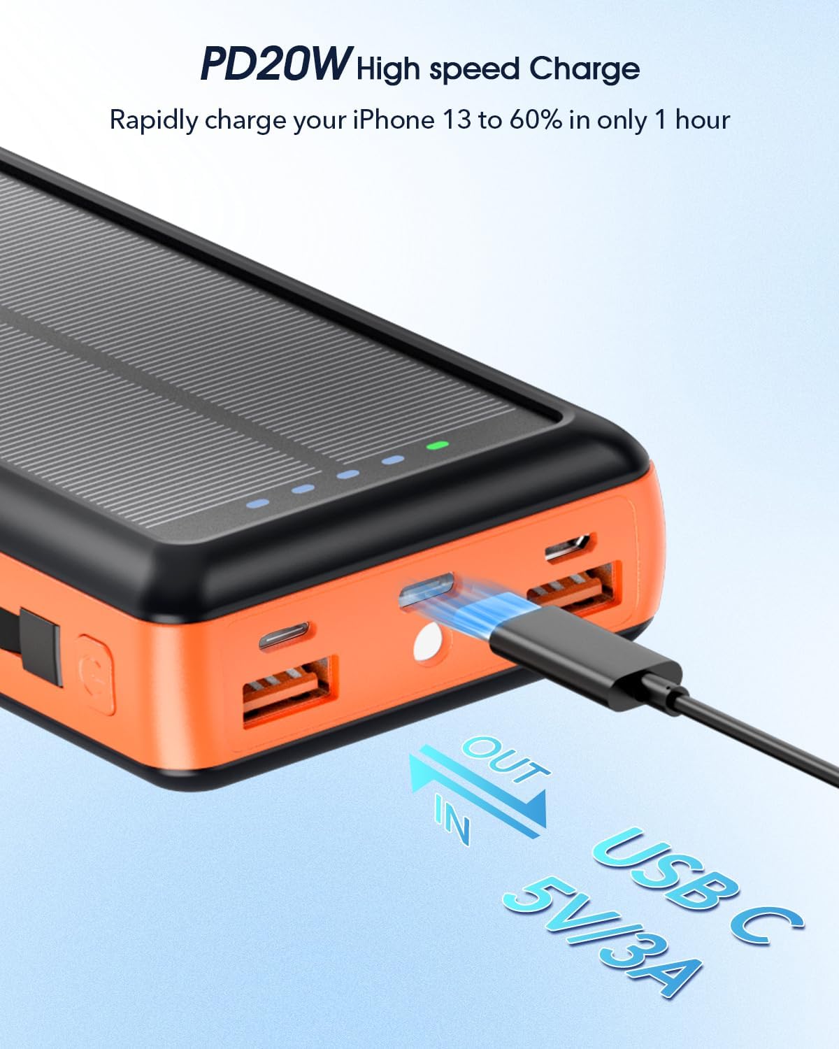 Solar Charger Power Bank, 20000mAh Portable Phone Charger Built-in 2 Output Cable with USB C in/Output, PD20W QC 3.0 Fast Charging and Flashlight for iPhone Samsung Huawei Google etc (Orange)