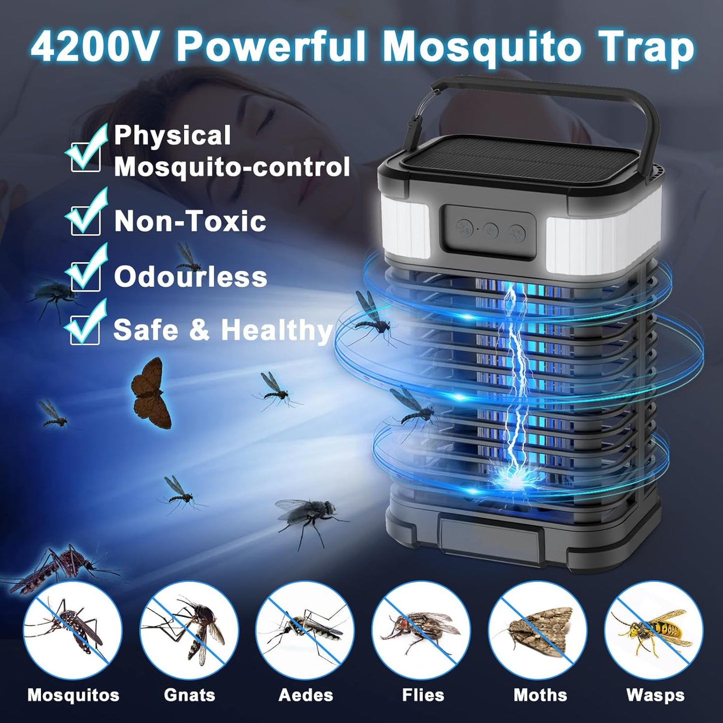 Mosquito Zapper, Solar Bug Zapper 4200V Cordless & Rechargeable Bug Zapper Outdoor with LED Light, Portable Waterproof Electric Fly Zapper with Hook, for Patio Camping Backyard Garden