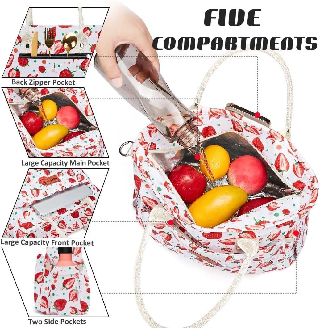 Lunch Bag for Women, Insulated Lunch Box for Work, Large Leakproof Cooler Purse with Side Pockets & Removable Shoulder Strap Women's Lunch Tote Bag for Picnic Work Beach Cute Lunch Bags (Heart)
