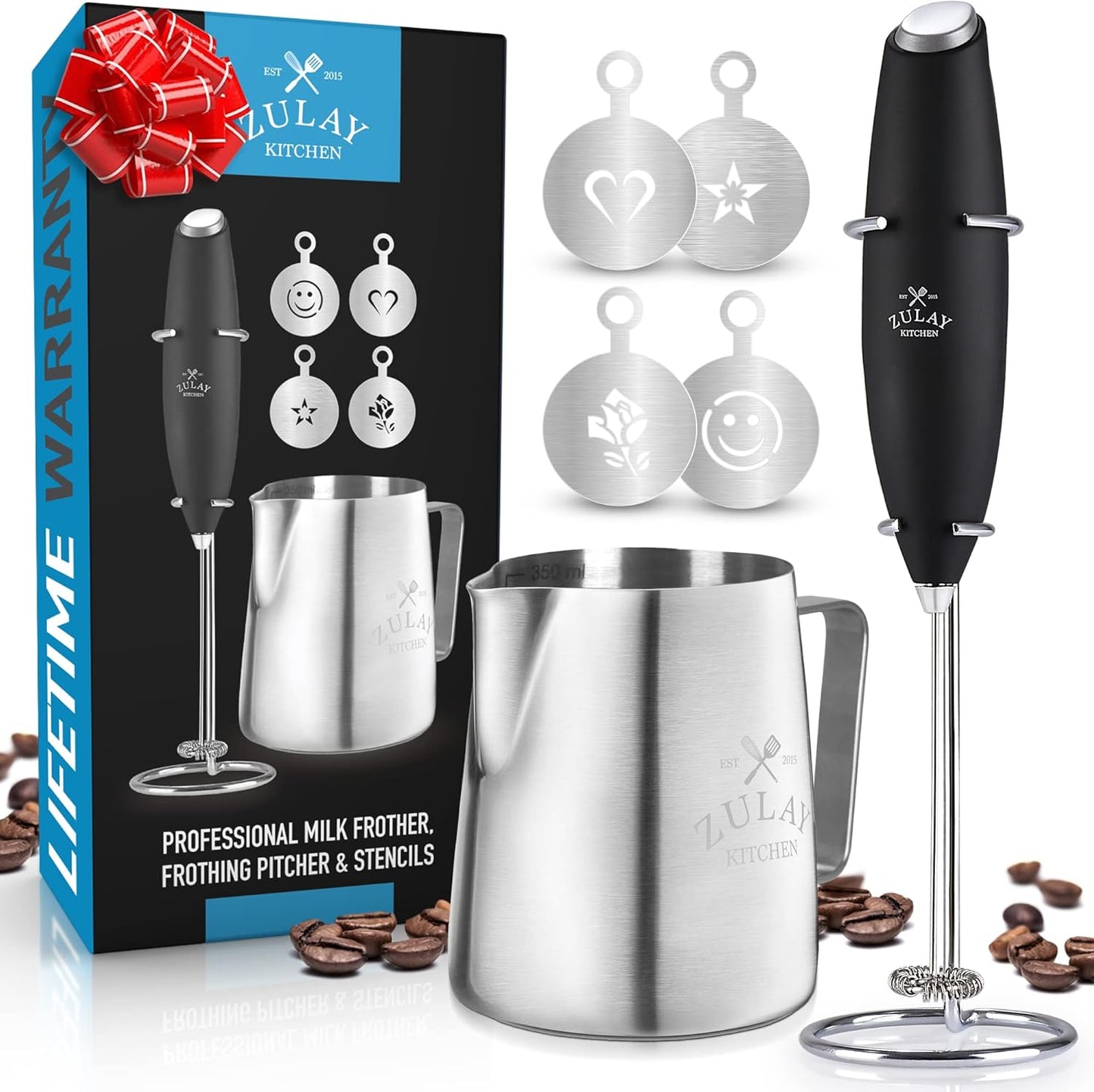 Zulay Kitchen Powerful Double Whisk Milk Frother Handheld - Foam Maker with Stand - Whisk Drink Mixer for Coffee, Mini Foamer for Latte, Matcha, Frappe, Hot Chocolate & Cappuccino (Black)