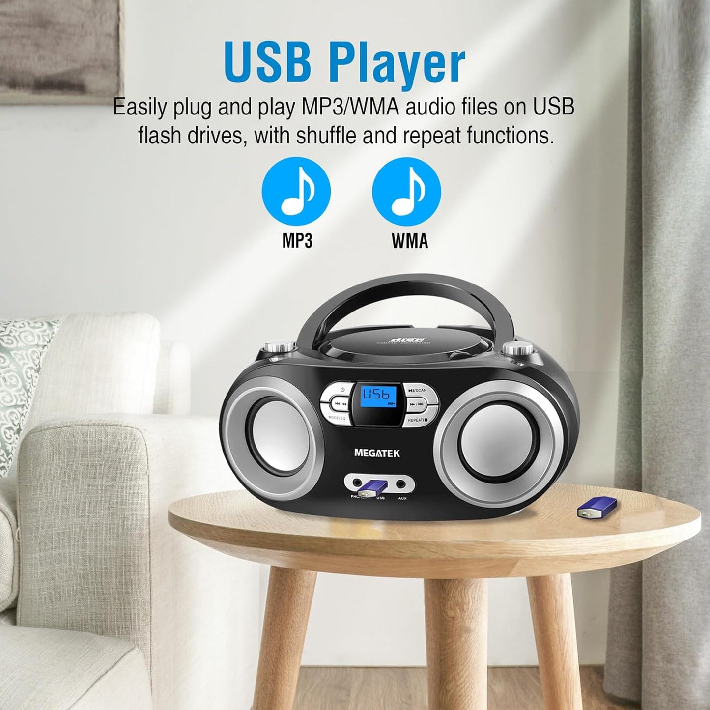 MEGATEK Portable CD Player Boombox with FM Radio, Bluetooth, USB Port, AUX Input, and Headphone Jack – CD-R/CD-RW/MP3-CD Compatible, Clear Stereo Sound, Backlit LCD Display – Black