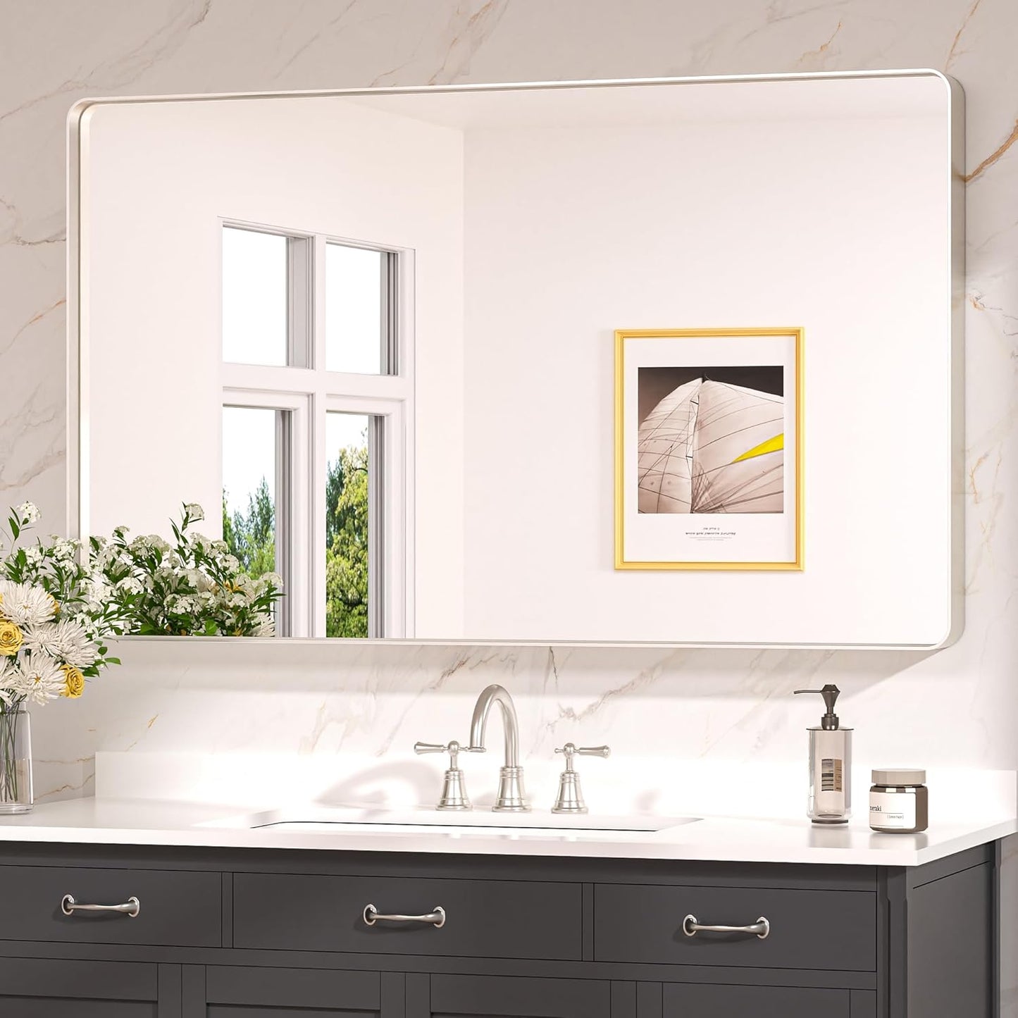 Keonjinn 42 x 36 Brushed Nickel Bathroom Vanity Mirror, Large Rounded Rectangle Bathroom Mirrors for over Sink, Metal Framed Silver Mirror for Wall, Shatterproof HD Tempered Glass(Horizontal/Vertical)