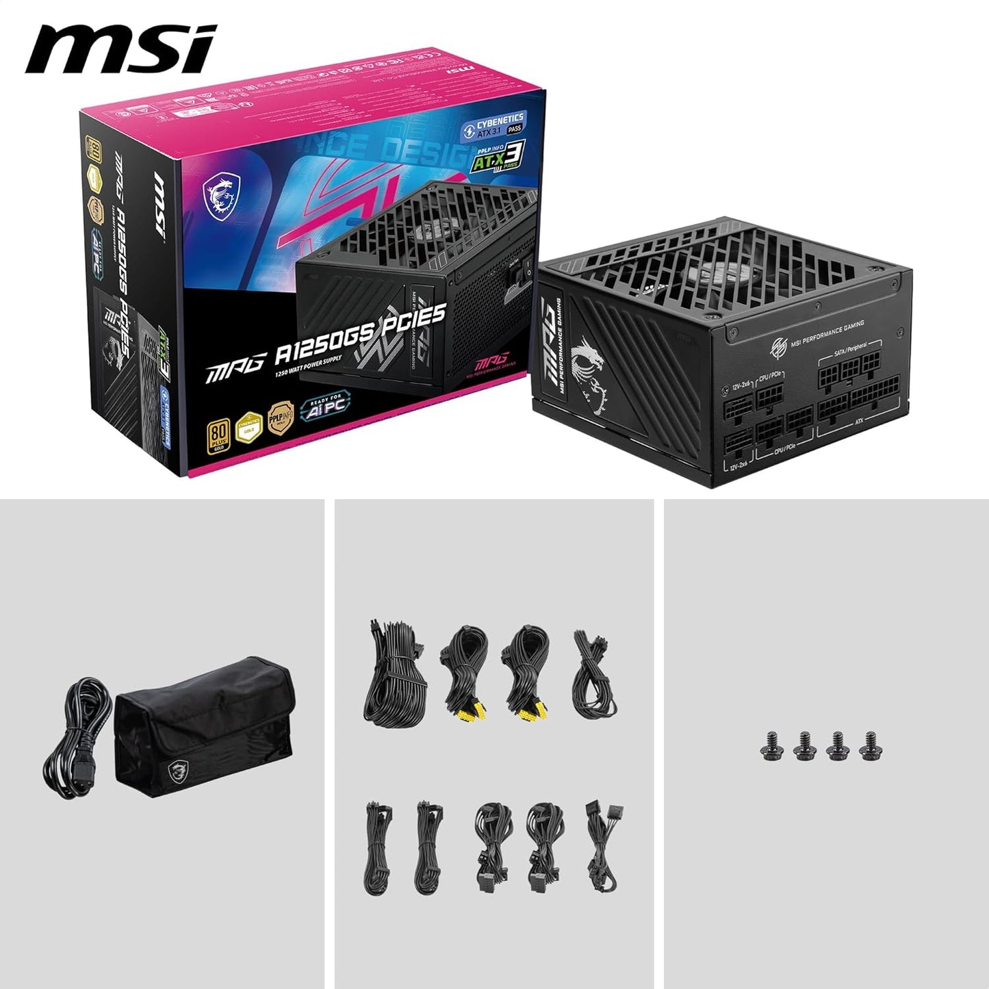 MSI MPG A1250GS PCIE5, 80 Plus Gold Full Modular 1250W Power Supply, 12V-2x6 Cable, ATX 3.1 & PCIE 5.1 Ready