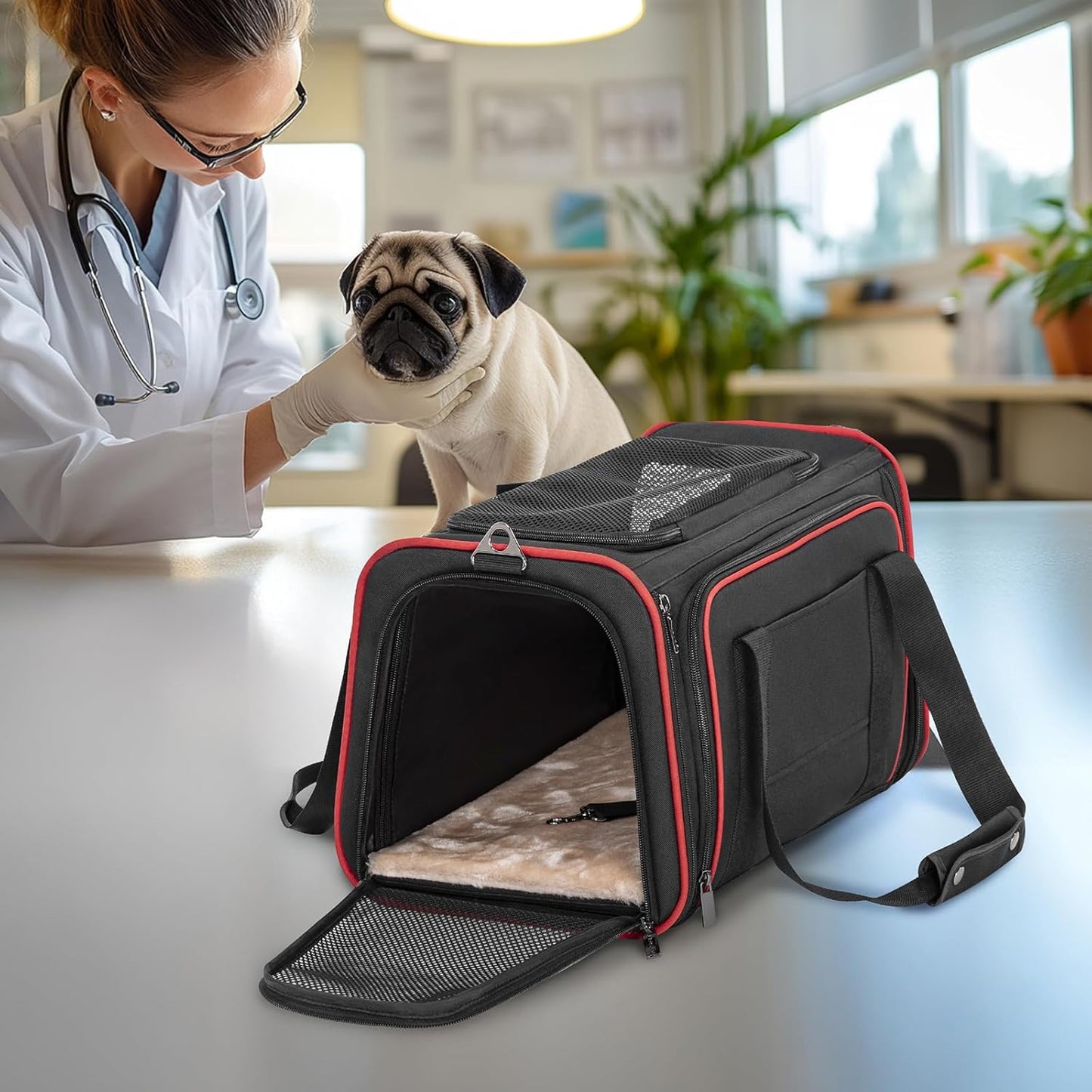 Petsfit Expandable Cat Dog Carrier Airline Approved, 17" L x 11" W x 11" H Soft-Sided Portable Pet Travel Carrier for Kitten, Puppy, Removable Soft Plush Mat and Pockets, Auto-Locking Zippers