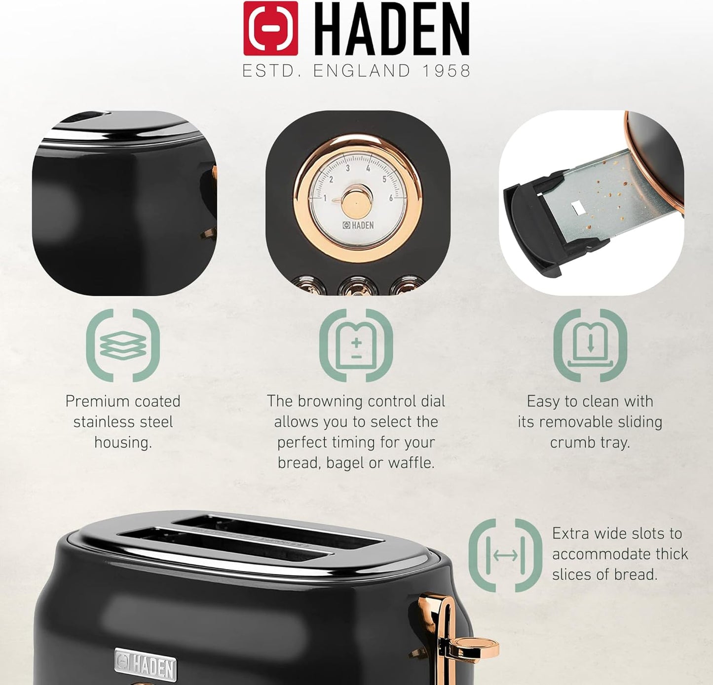 Haden Dorset 75083 Stainless Steel 1500W Retro Toaster 4 Slice Wide Slot w/Removable Crumb Tray and Settings, Black/Copper Toasters w/Adjustable Browning Control, Smart Toaster