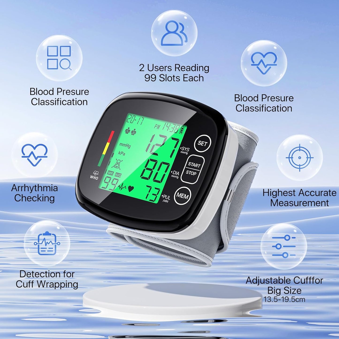 Blood Pressure Monitor for Home Use,Wrist Blood Pressure Machine Automatic Digital LCD Display Blood Pressure Machine Adjustable Wrist Cuff 5.3-7.67" 99x2 Sets Memory with Carrying Case for Home Use