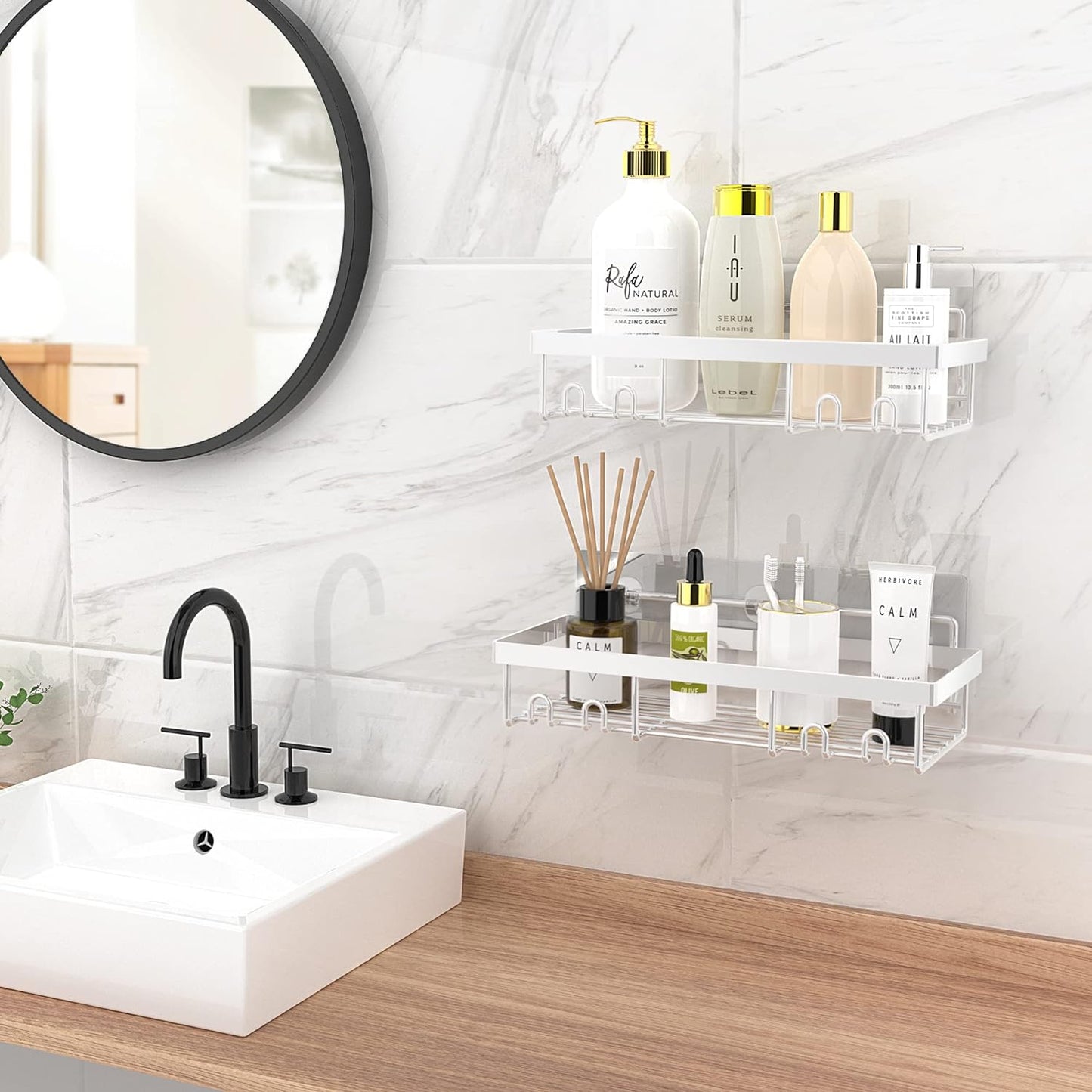 Moforoco Shower Caddy Shelf Organizer Rack, Self Adhesive Black Bathroom Shelves Basket, Home Farmhouse Wall Shower Inside Organization and Storage Decor Rv Accessories, First Apartment Essentials