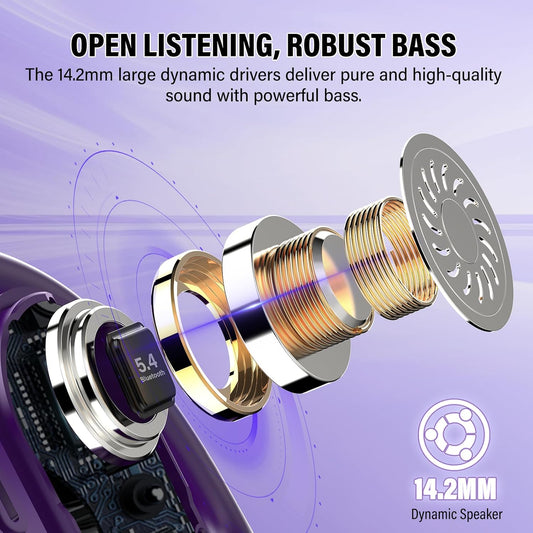 Open Ear Headphones, Bluetooth 5.4 Earphones 36H Playtime Air Conduction Headphones with Mic, Adjustable Earhook Earbuds with ENC Clear Calls/LED Display, IPX7 Waterproof Open Ear Earbuds Dark Purple - PuriLite