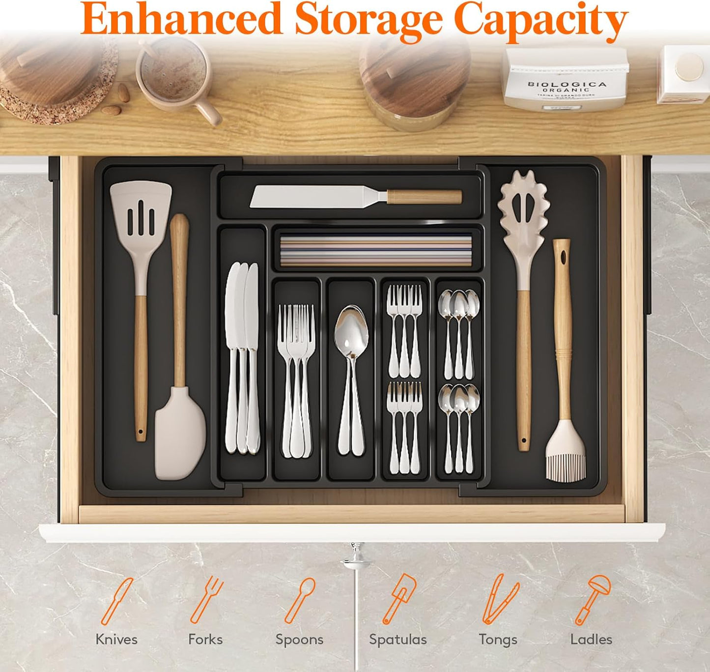 Lifewit Cutlery Organizer, Expandable Utensil Organizer for Kitchen, Utensil Holder, Adjustable Cutlery Rack Organizer for Spoons, Knives, Kitchen Organizers and Storage, Black