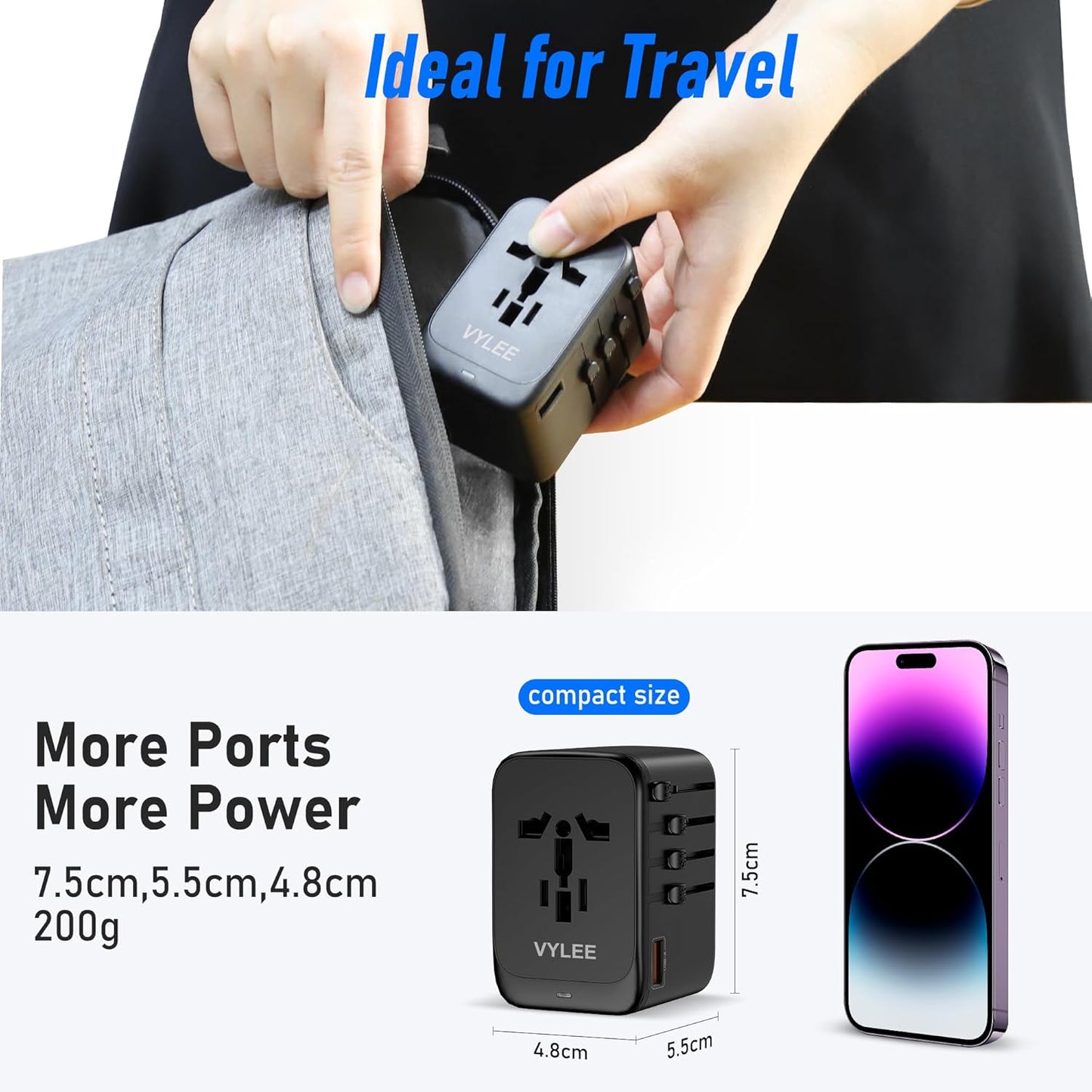 VYLEE Universal Travel Adapter, 65W Fast GaN International Power Adapter, 3PD USB-C+1QC USB-A European Travel Plug Adapter, US, UK, EU, AU Worldwide Travel Charger for Laptops, Tablets, Phones