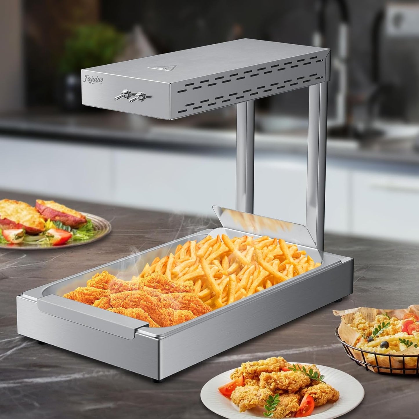 French Fry Food Warmer, 750W Electric Stainless Steel Warming Light Dump Station, 5.5QT Commercial Food Heating Lamp, Countertop Fries Food Warmer for Parties Kitchen Restaurant Buffe