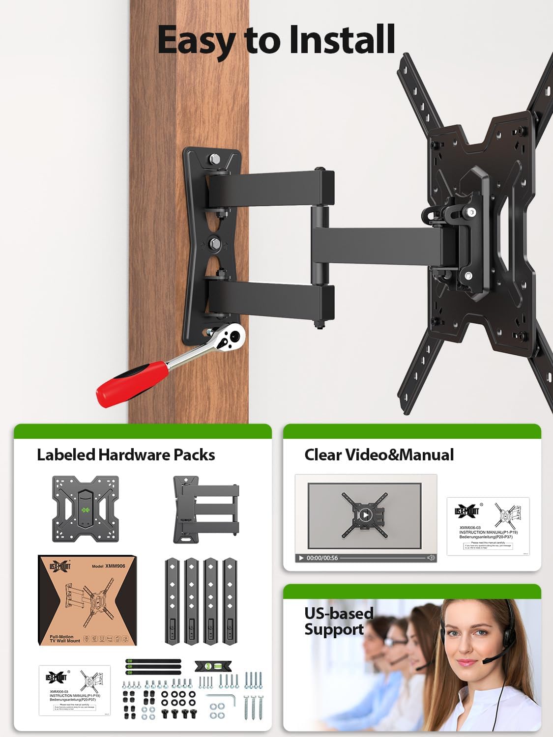 USX MOUNT Full Motion TV Wall Mount for 26-55 Inch TVs up to 77 Lbs, Articulating TV Mount with Perfect Center Design, Single Stud Wall Mount TV Bracket, Max VESA 400x400mm