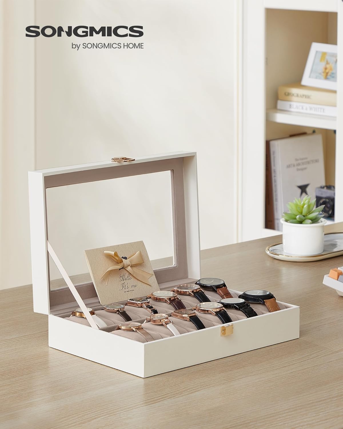 SONGMICS Watch Box, 6-Slot Watch Case, Watch Box Organizer, Black Synthetic Leather, Greenish Gray Lining UJWB06BK