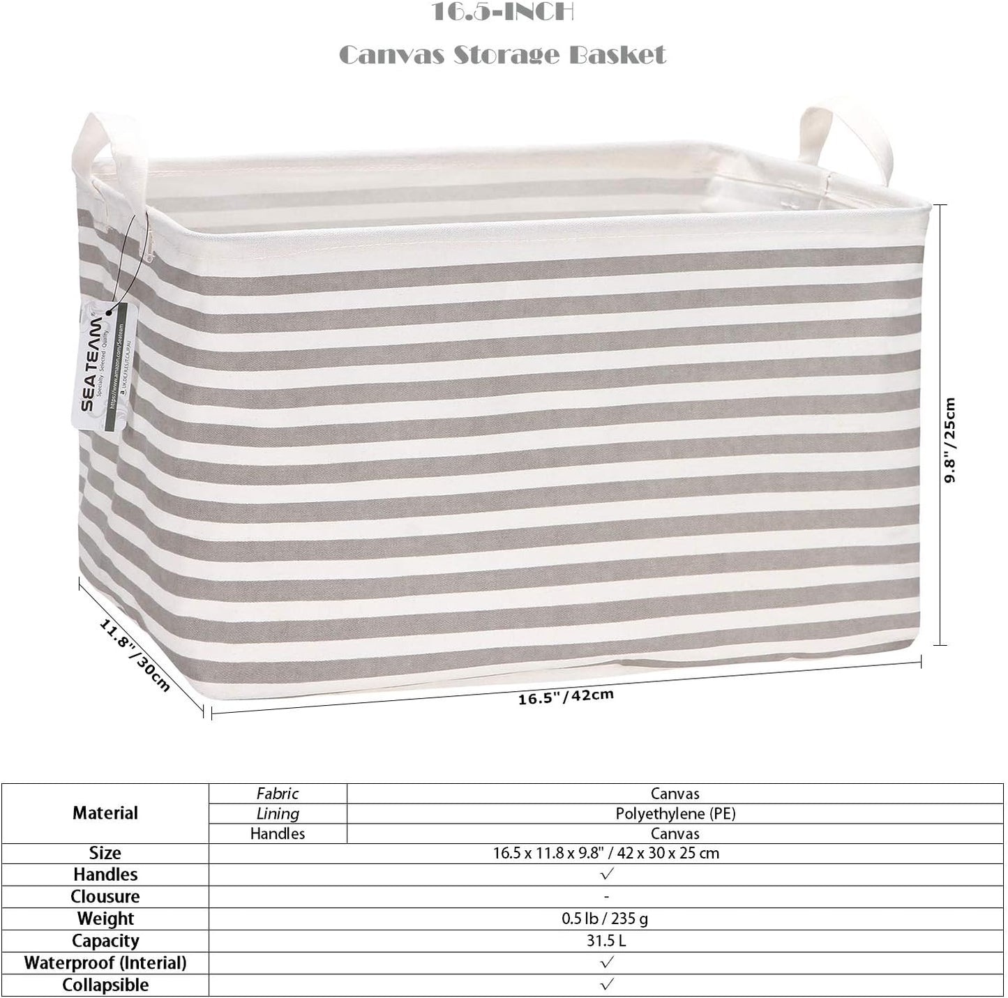 Sea Team 16.5 x 11.8 x 9.8 inches Square Canvas Fabric Storage Bins Shelves Storage Baskets Organizers for Nursery & Kid's Room, Grey Stripe