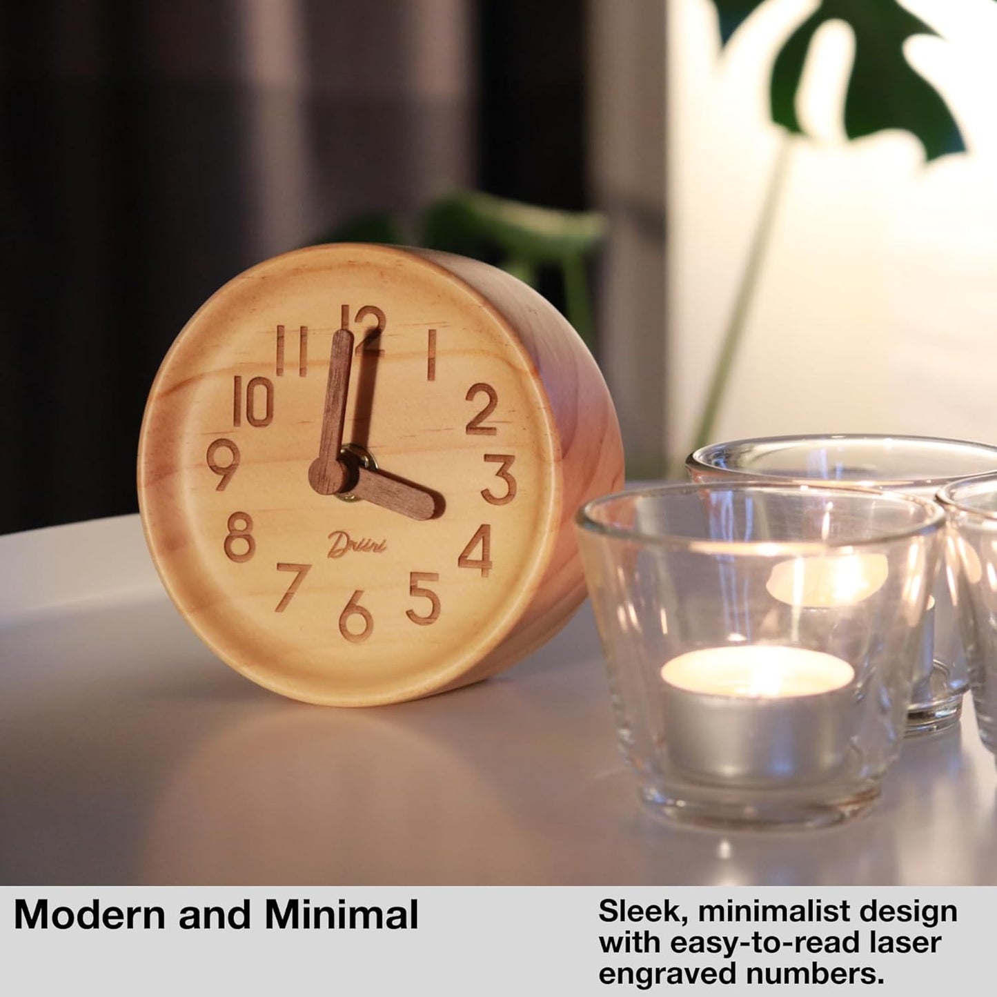 Driini Wooden Analog Desktop Clock – 4.3 in. Decorative Pinewood Clock, No-Tick Design – Easy to Read Silent Sweep Mantle Clock – Quiet Tabletop Clocks with Wood Body, Hands, & Battery Cover; White