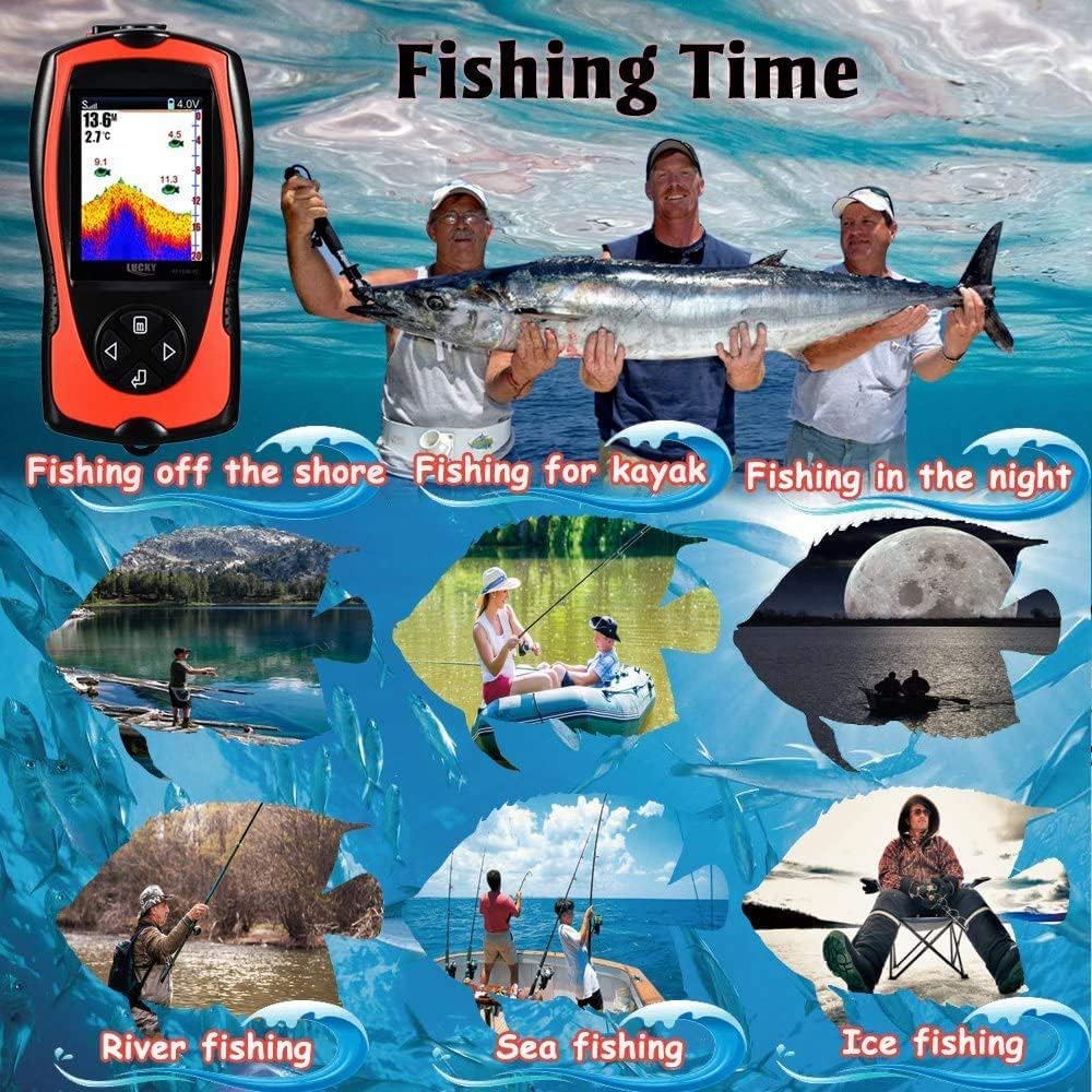 LUCKYLAKER Portable Fish Finder Transducer Sonar Sensor 147 Feet Water Depth Finder LCD Screen Echo Sounder Fishfinder with Fish Attractive Lamp for Ice Fishing Sea Fishing