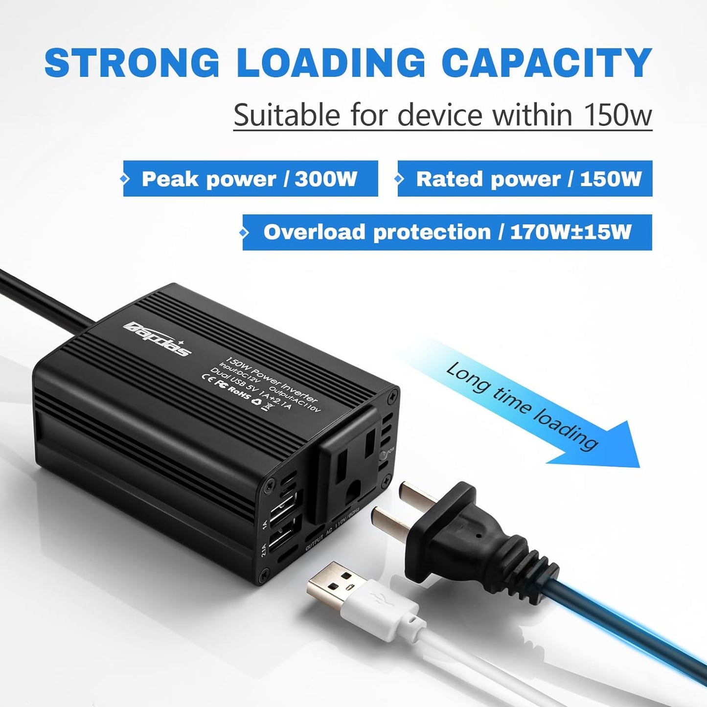 Bapdas 150W Car Power Inverter with 1 DC 12V to 110V AC Outlet Converter and 2 USB Ports Auto Charger Adapter for Laptops and Smartphones-Black
