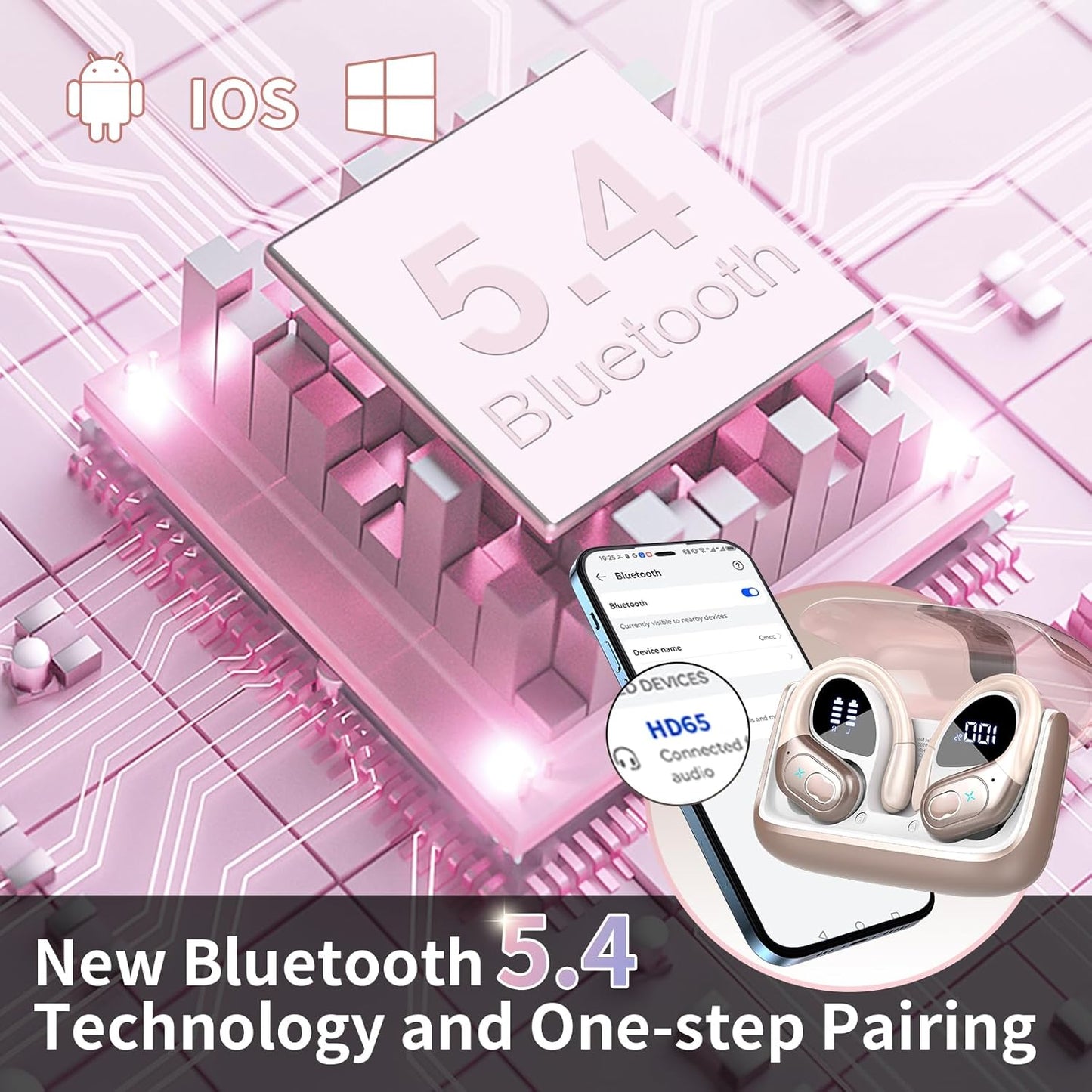 STECEi Wireless Earbuds 75hrs Bluetooth 5.4 Headphone Sport, Bluetooth Earbuds HiFi Stereo Over Ear Bud with Earhooks, ENC Noise Cancelling Mic, IP7 Waterproof Wireless Earphone for Workout/Running - PuriLite