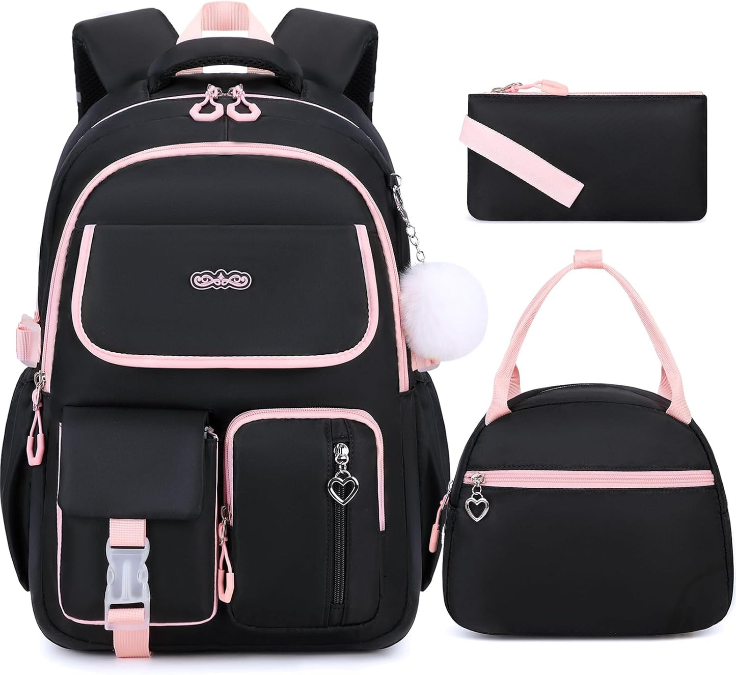 3PCS School Backpack for Girls with Lunch Box Pencil Pouch for Teen Girls Children Elementary Primary Middle High College Daypack School bag Bookbag Set Pink