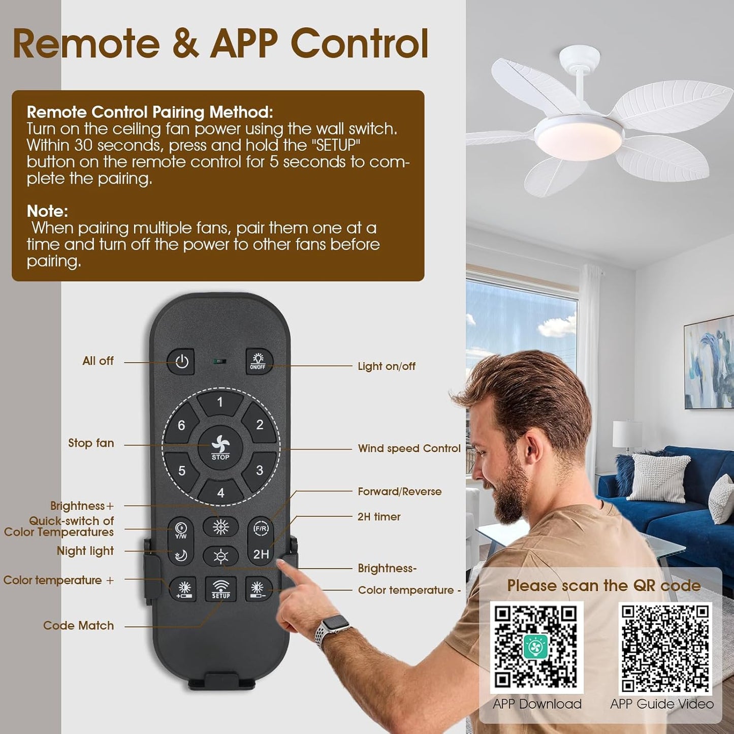 Wiviniya Ceiling Fans with Lights and Remote/APP Control, 44 Inch Tropical Palm Leaf Ceiling Fan with LED Lights, Outdoor Ceiling Fans for Patios Porch, Reversible Quiet Motor, Dimmable, Light Brown