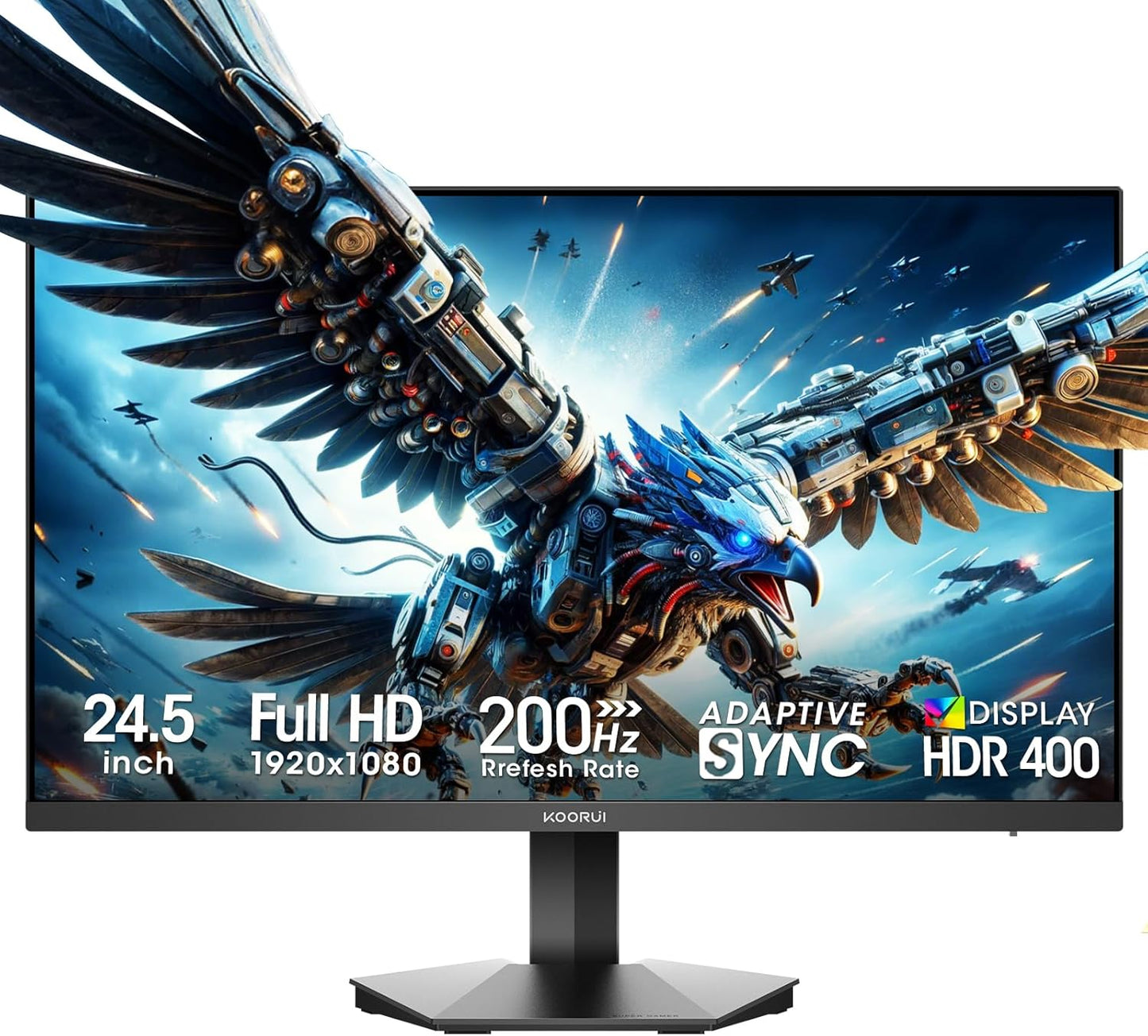 KOORUI Monitor 27 inch QHD 2K Fast IPS Gaming Monitor, 200Hz 1ms, HDR400,95% DCI-P3,Adaptive Sync,Tilt Pivot Swivel Vertical Height Adjustable,HDMI 2.0 &DP 1.4 Ports, G2722P, Black