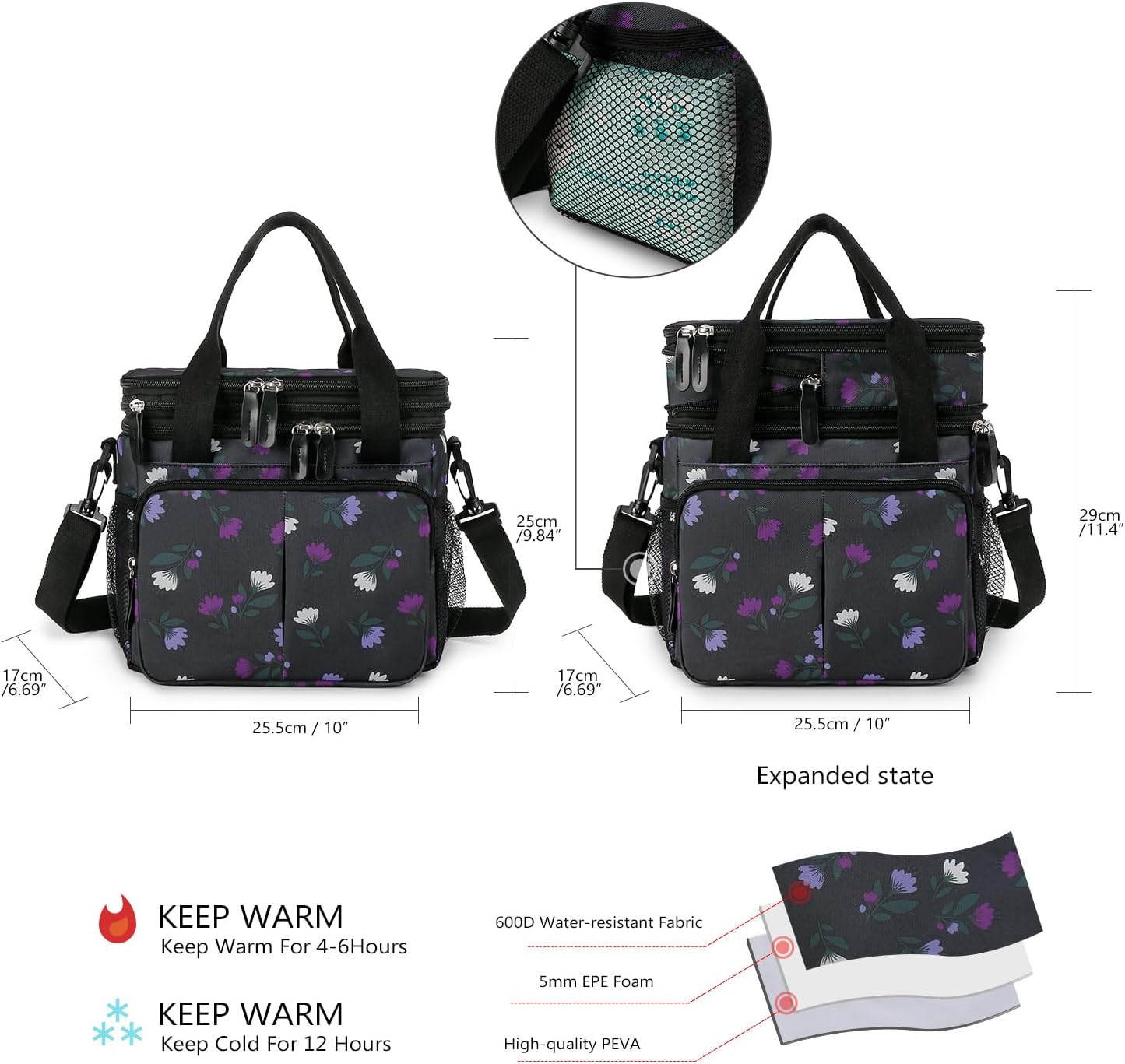 Lunch Bag Women Insulated Lunch Box for Work, Purple Expandable Large Lunch Bags, Leakproof Double Deck Lunch Box Cooler Bag(Purple)