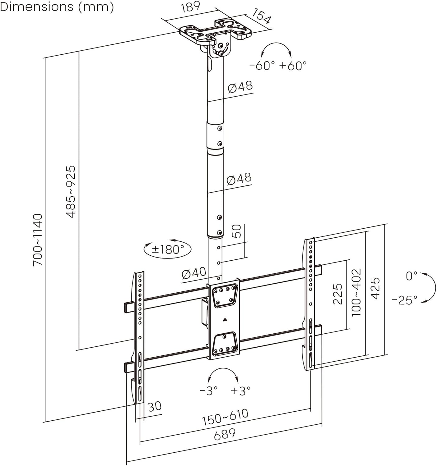 PrimeCables Ceiling TV Mount, Full Motion Hanging TV Mount Bracket for Most 43-86 Inch LED, LCD, OLED Curved/Flat Screen TVs up to VESA 600x400mm and 132 Lbs