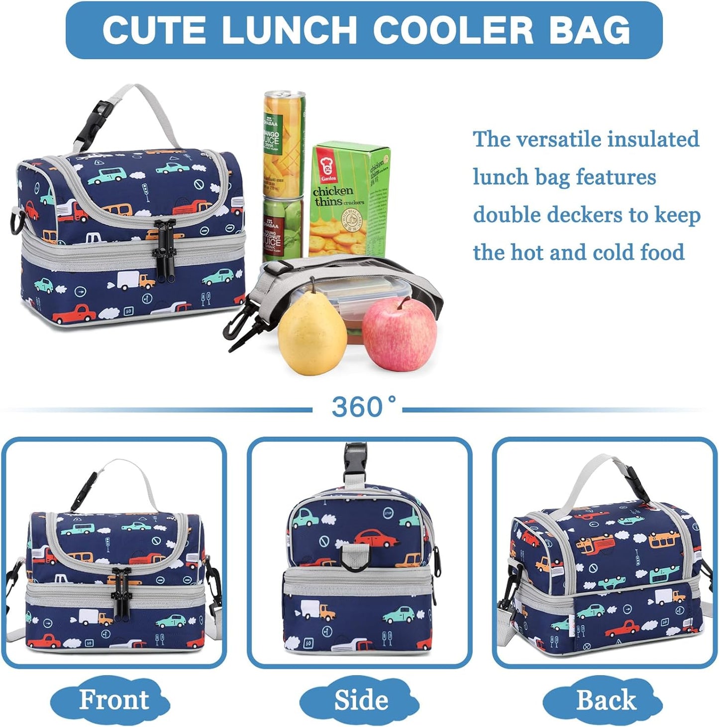 VASCHY Lunch Box Bag Men, Insulated Two Compartments Bento Cooler Bags for Adults/Women/Kids for School,Daycare,Kindergarten,Picnic Black